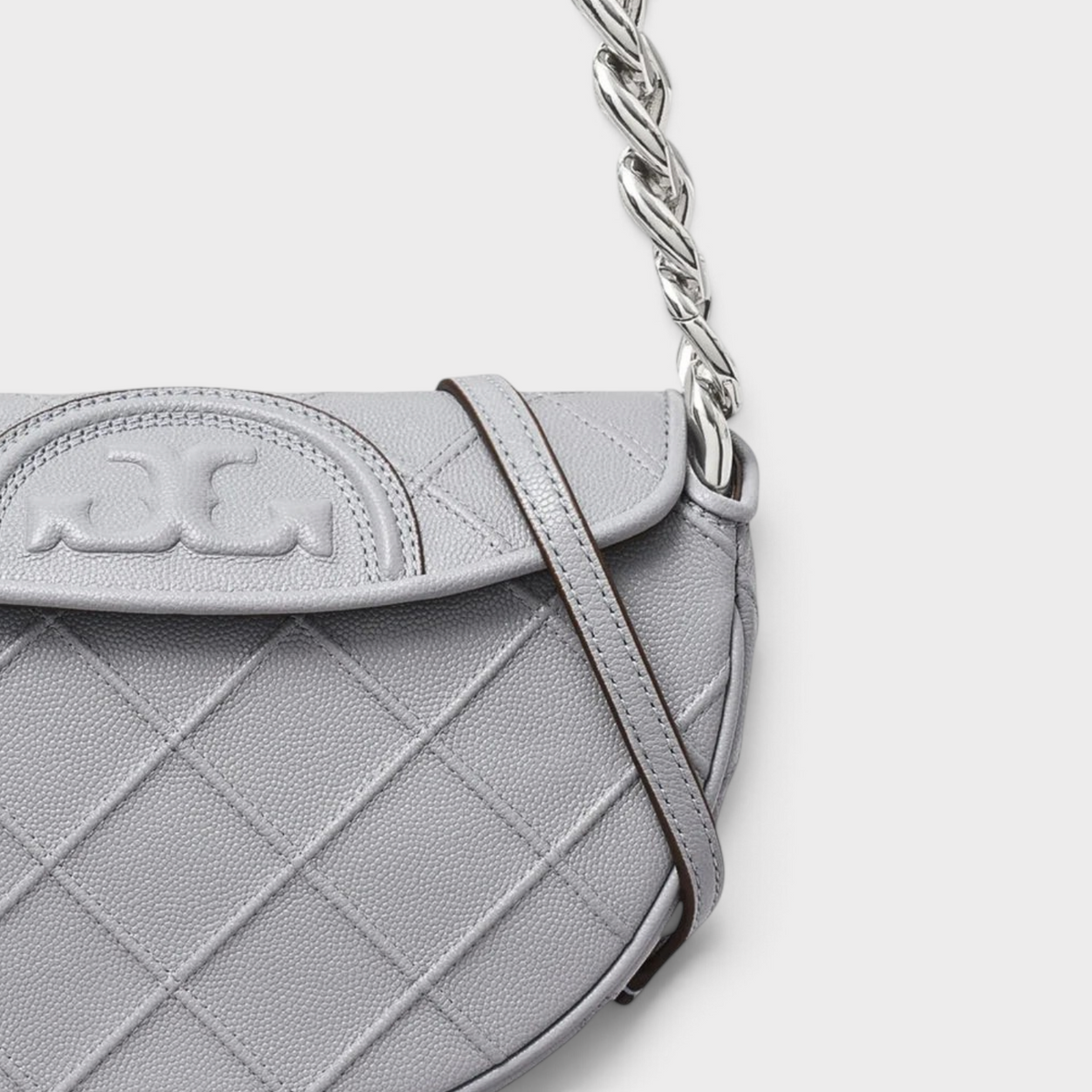 Supplied Fashion Tory Burch Fleming mini crescent bag in slate grey soft-grain leather with a silver chain strap.