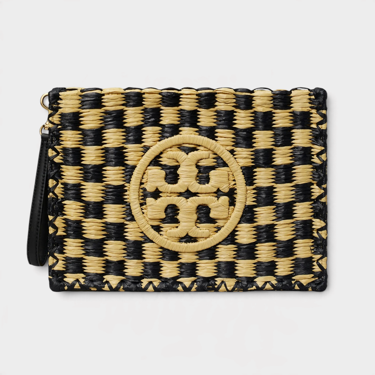 Supplied Fashion Ella crochet raffia pouch in a black and tan checkered pattern with a central logo emblem.