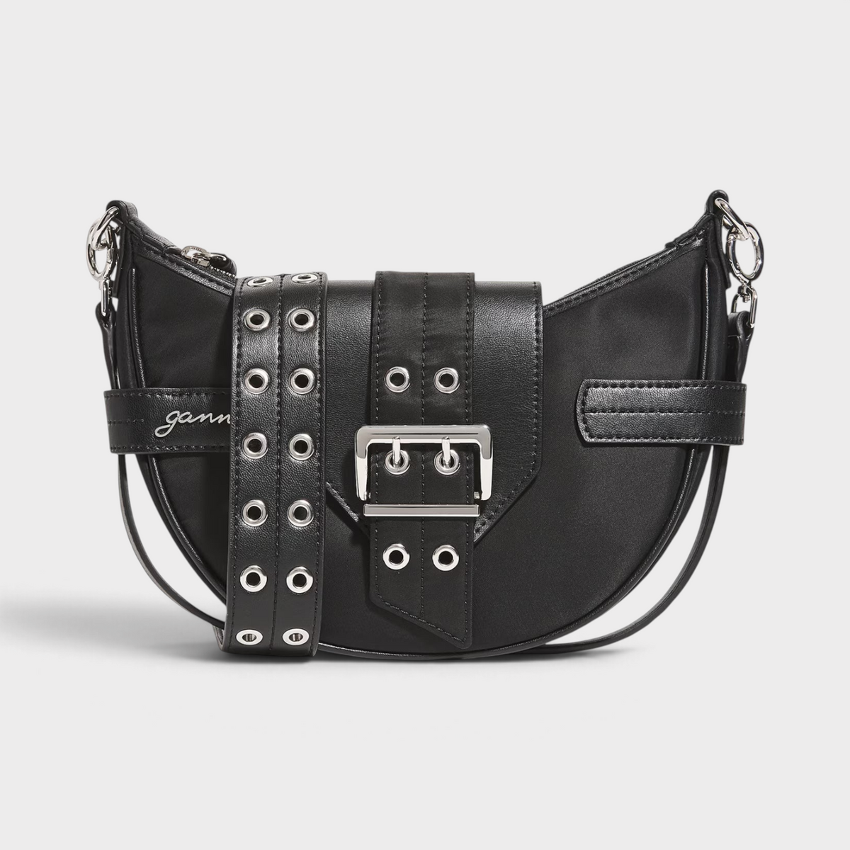Supplied Fashion Ganni Small Bucky black cross-body bag with silver buckle and eyelet strap detail