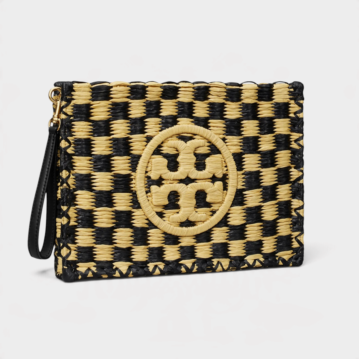 Supplied Fashion Ella crochet raffia pouch in a black and beige checkered pattern with a central logo emblem.