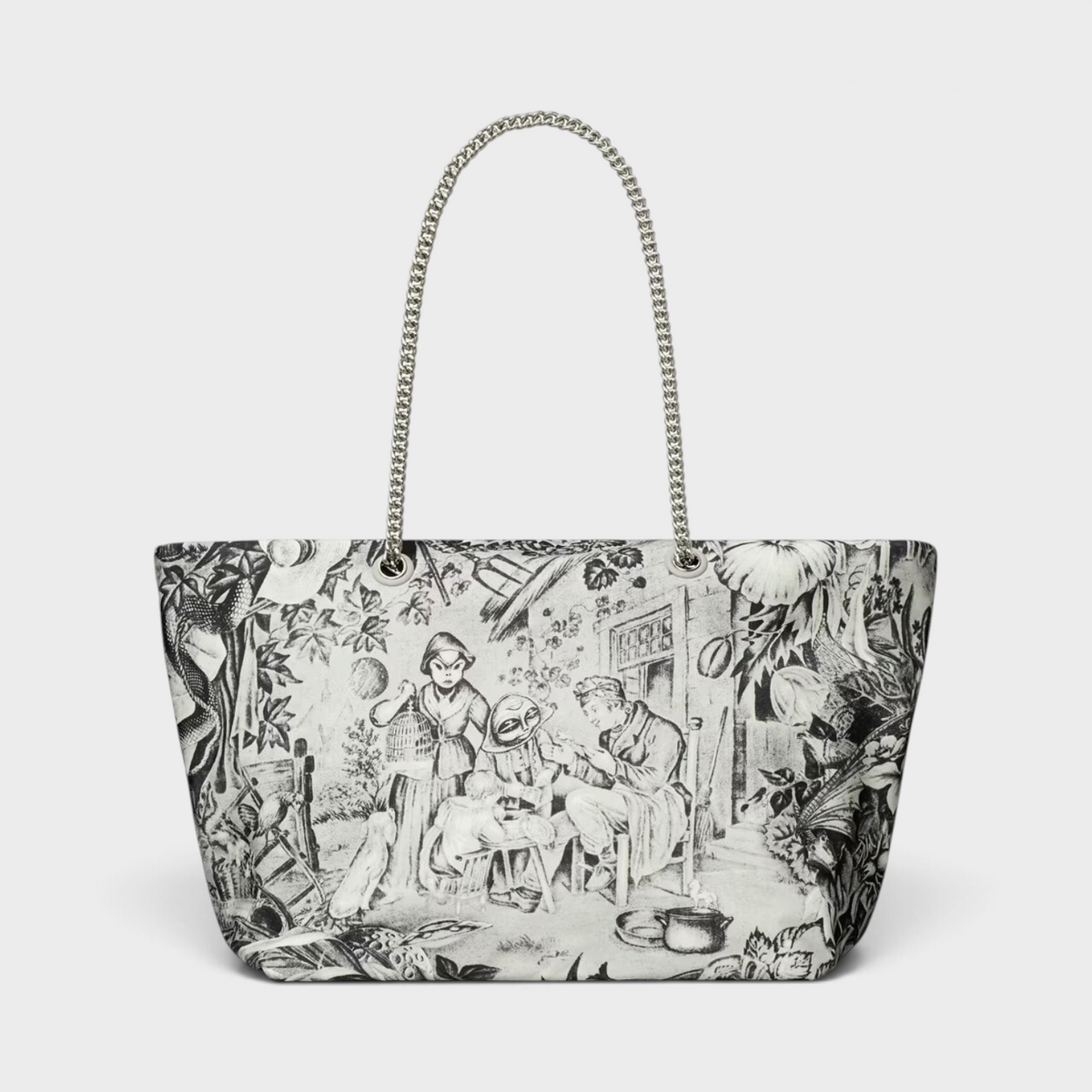 Supplied Fashion Ella grey tote bag featuring a detailed alien print and silver chain shoulder straps