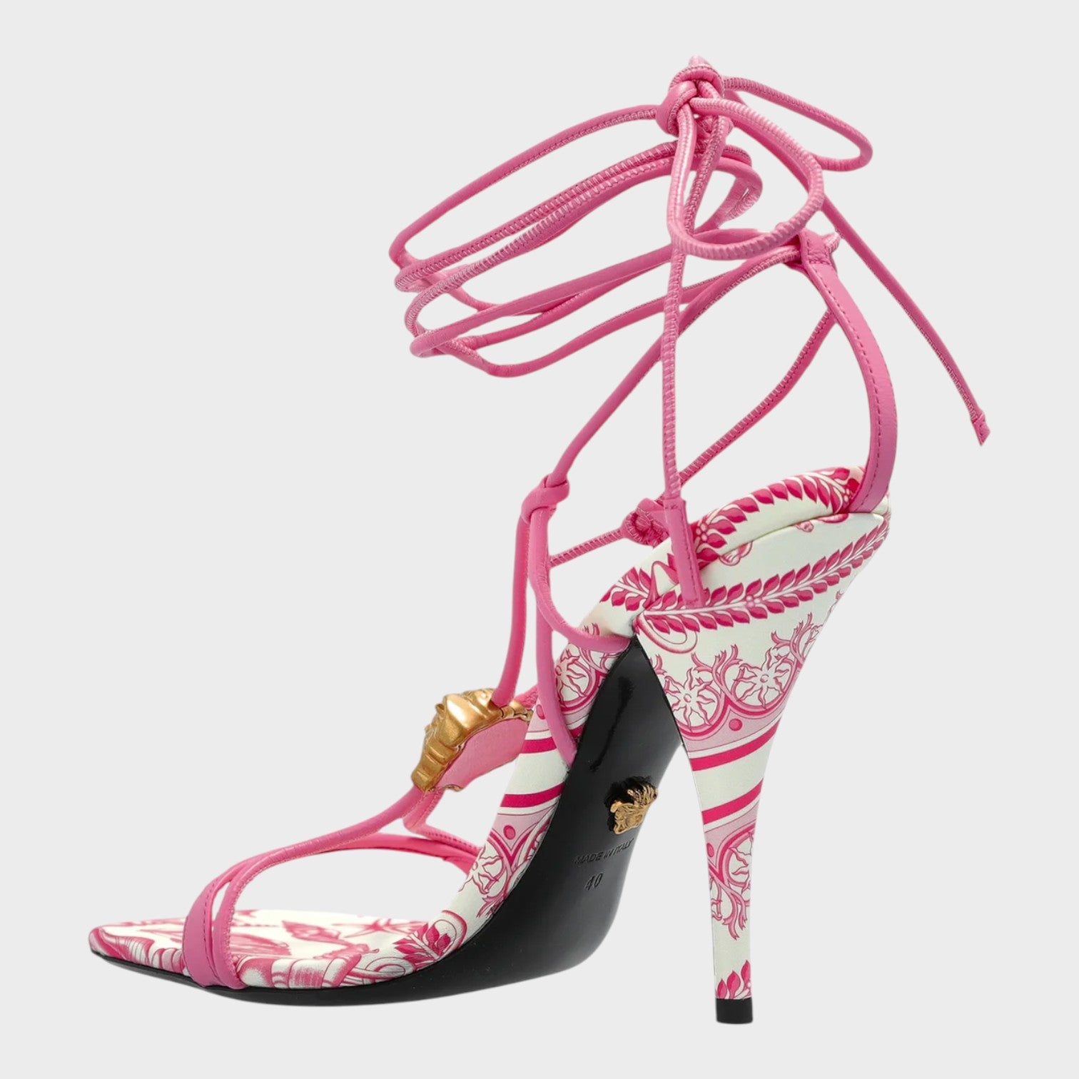 Medusa Barocco Square Toe Heeled Sandals Pink White