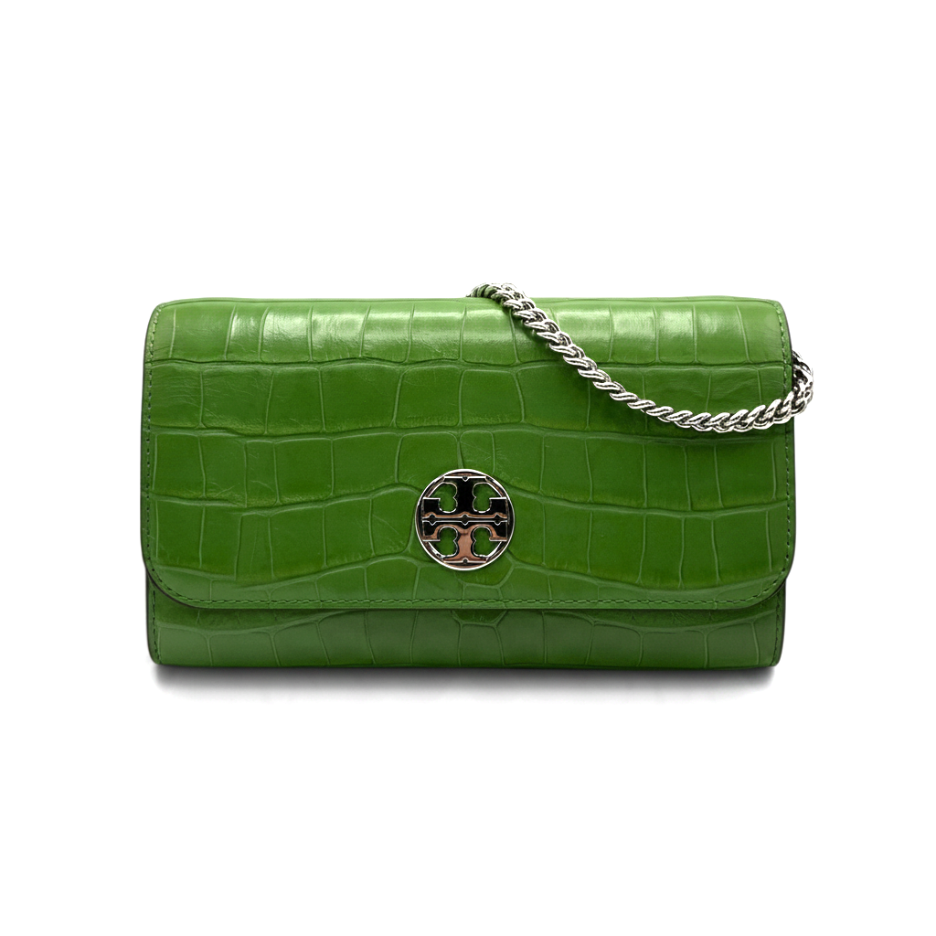 Supplied Fashion Willa palm green embossed leather chain wallet with silver logo hardware and shoulder strap.