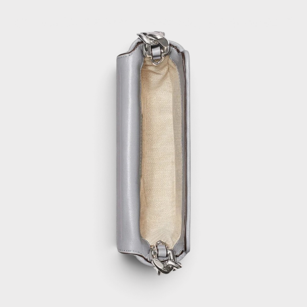 Supplied Fashion Fleming mini crescent bag in slate grey soft-grain leather, top view showing interior compartment.
