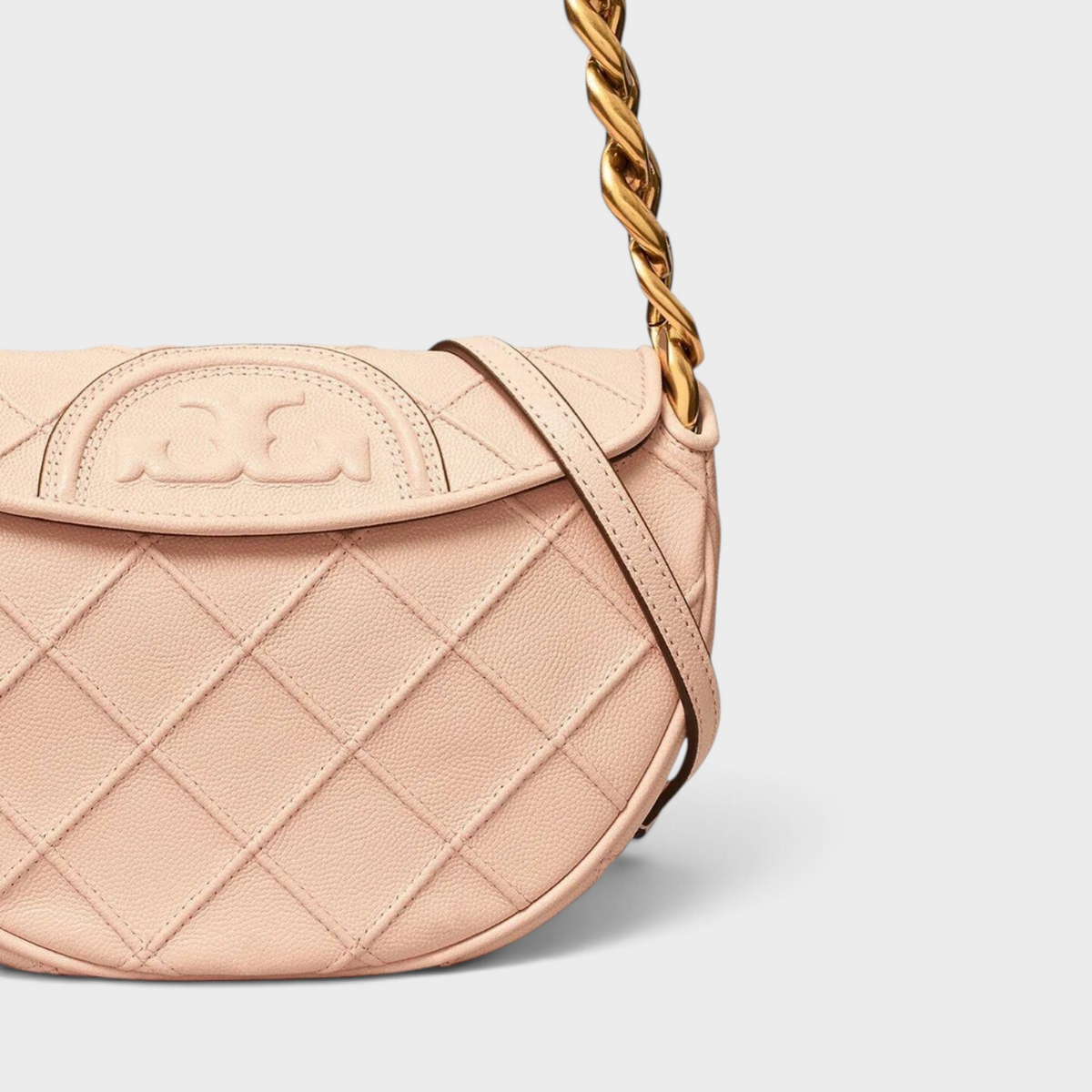 Supplied Fashion Tory Burch Fleming soft grain leather mini crescent bag in blush pink with gold chain strap