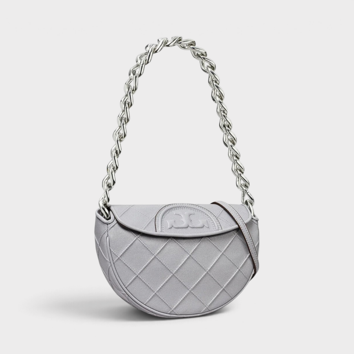 Supplied Fashion Tory Burch Fleming mini crescent bag in slate grey soft-grain leather with a chunky silver chain strap