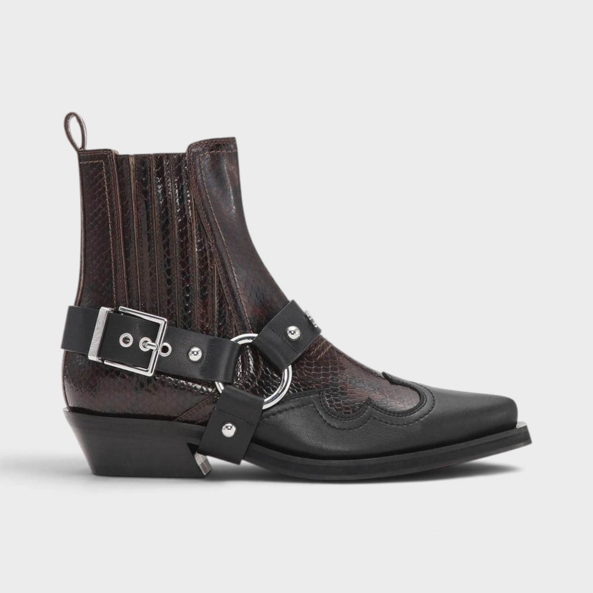 Supplied Fashion dark burgundy snakeskin-textured low cut Western Chelsea boots with black leather harness and buckle.