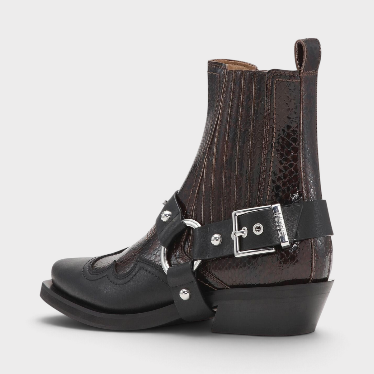 Supplied Fashion dark burgundy low cut Western Chelsea boots with black leather harness and silver buckle detail