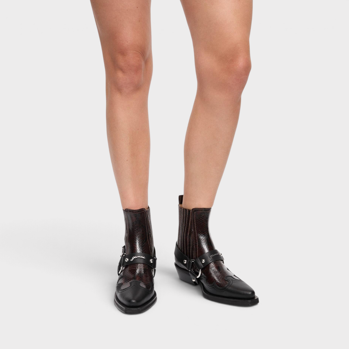 Supplied Fashion dark burgundy low cut Western Chelsea boots with black leather harness and silver hardware