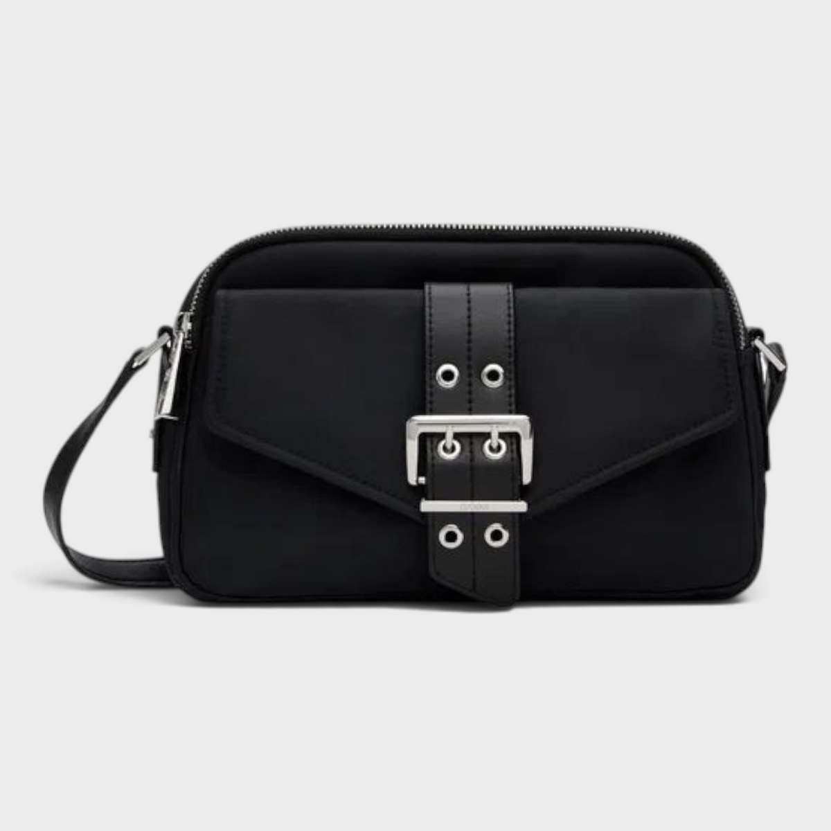 Supplied Fashion Ganni Bucky camera bag in black with a silver buckle detail and adjustable crossbody strap.