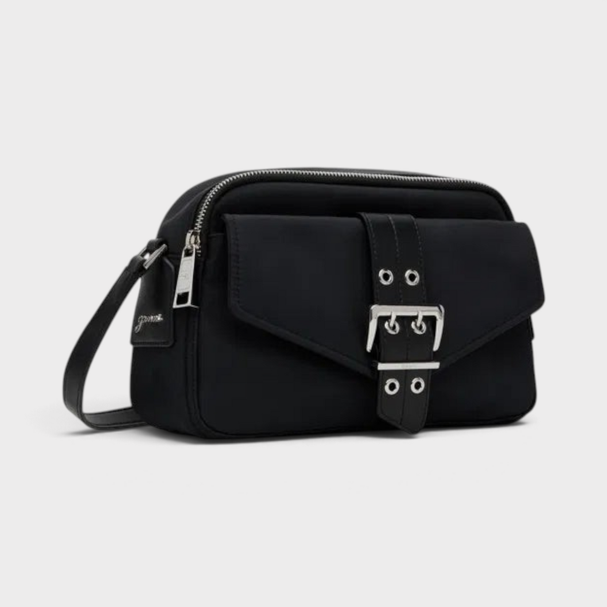 Supplied Fashion Ganni Bucky camera bag in black with a front buckle detail, adjustable strap, and silver hardware.