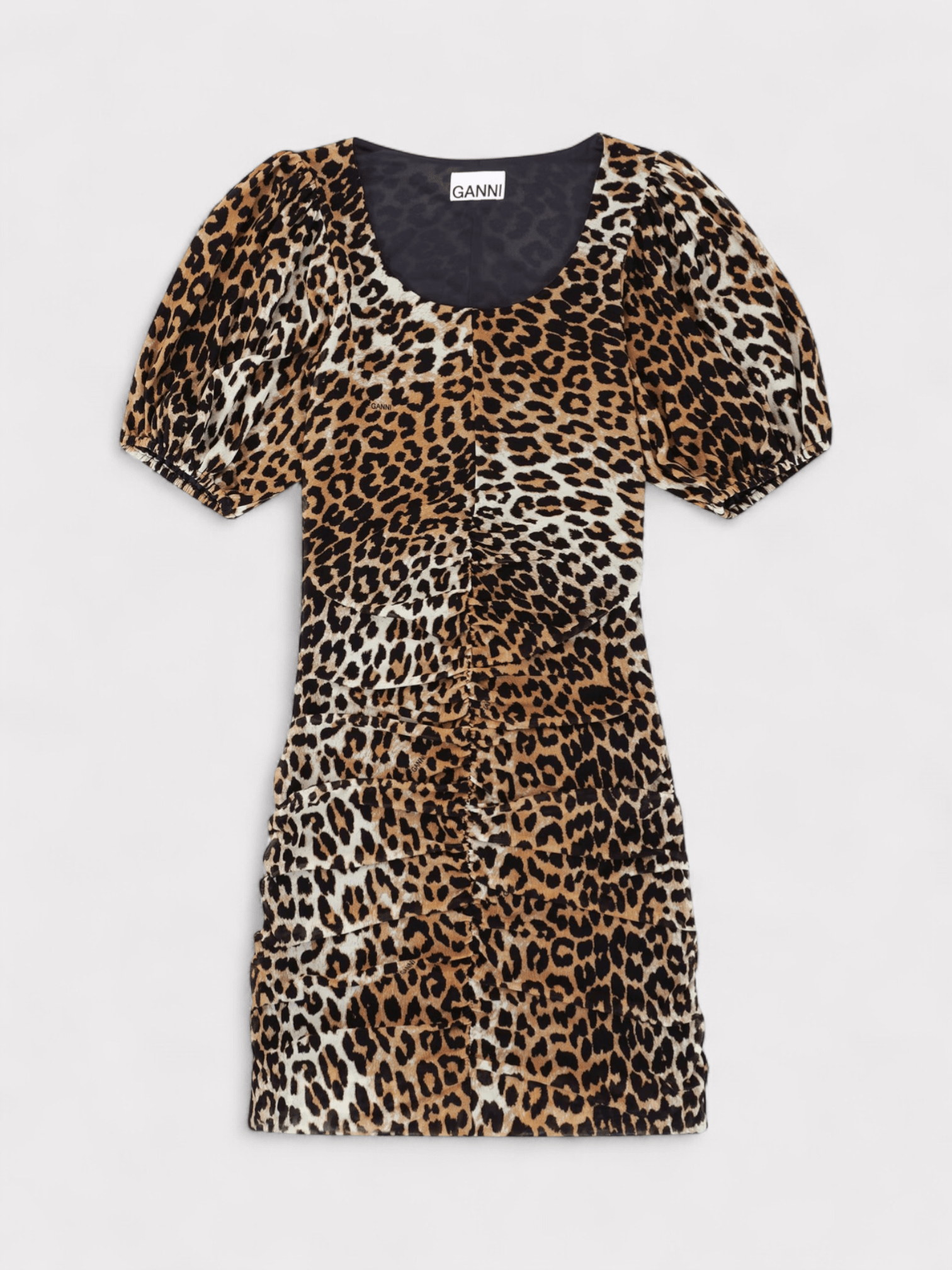GANNI Ruched Mesh Mini Dress Leopard Print - Supplied FashionGANNI