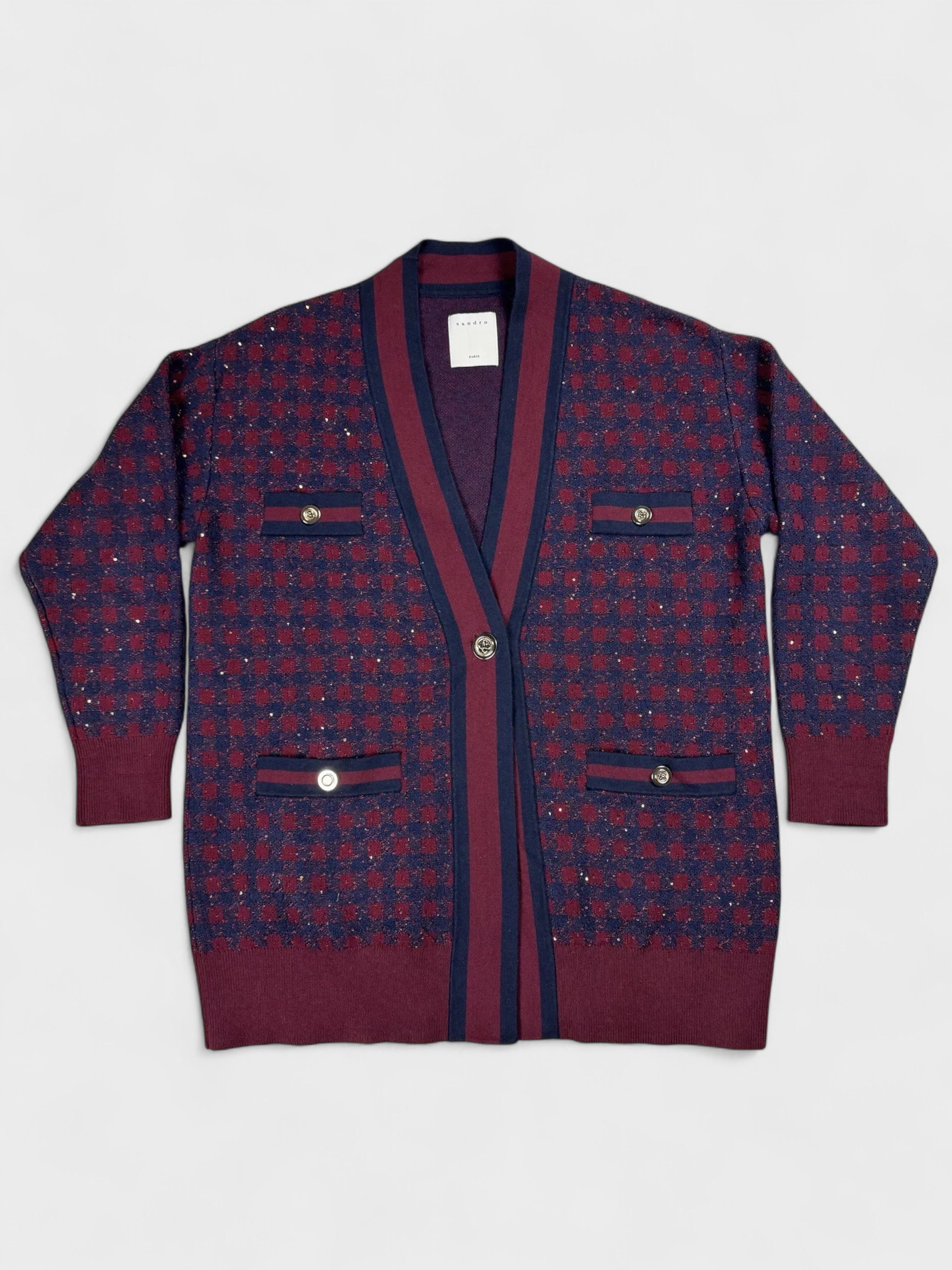 Sandro Margot Checked Cardigan Red Navy