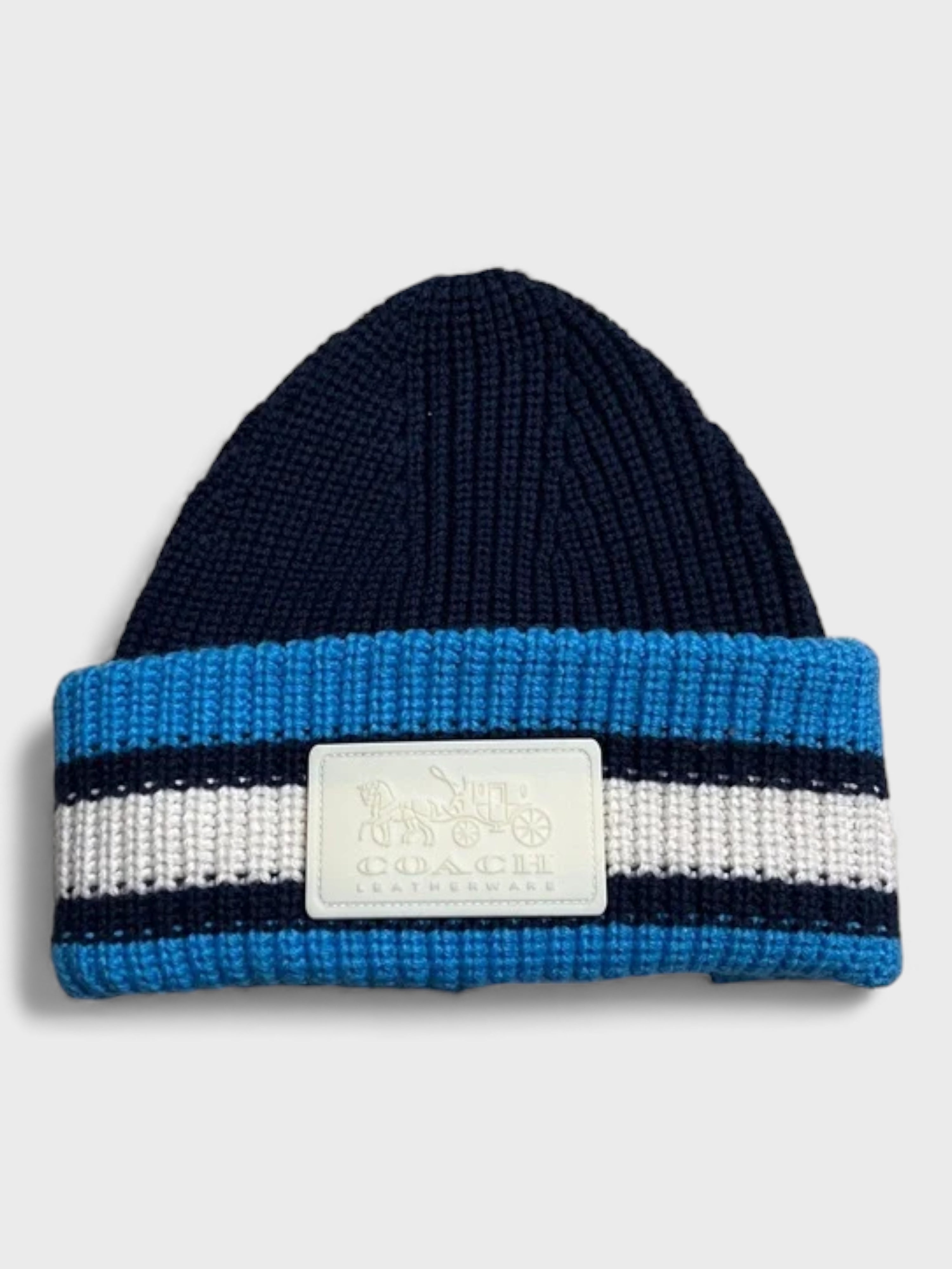 Coach Ribbed Knit Varsity Stripe Patch Beanie Navy Blue