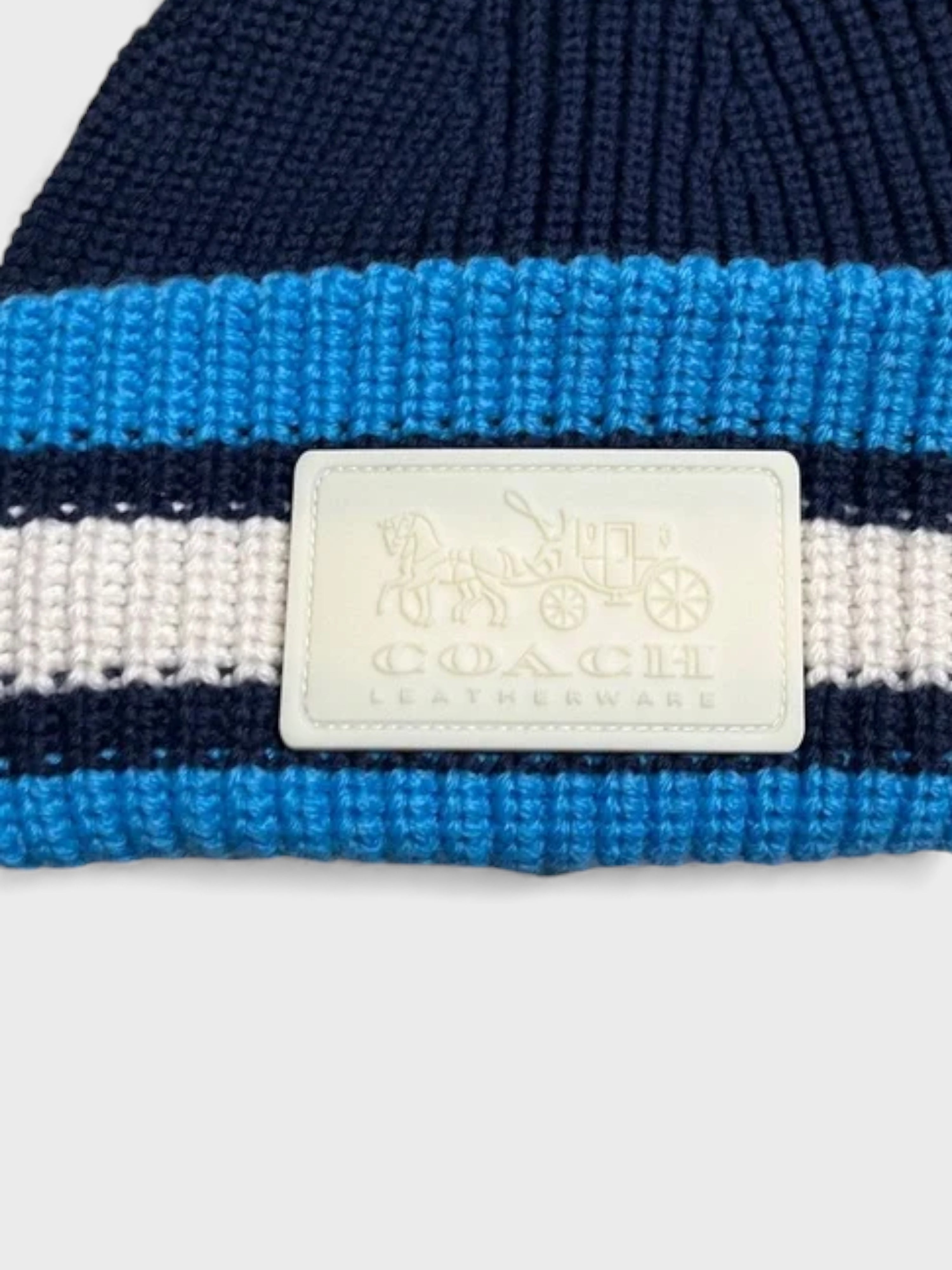 Coach Ribbed Knit Varsity Stripe Patch Beanie Navy Blue