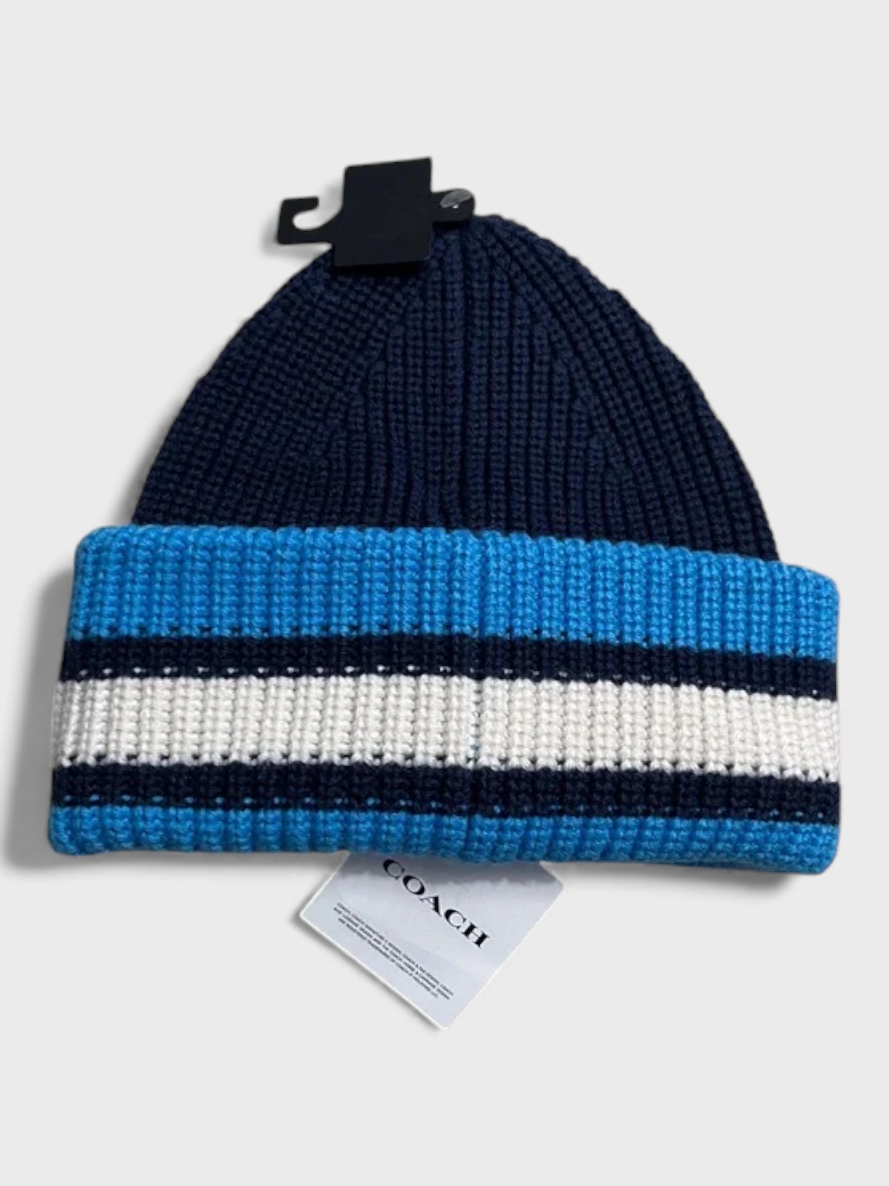 Coach Ribbed Knit Varsity Stripe Patch Beanie Navy Blue