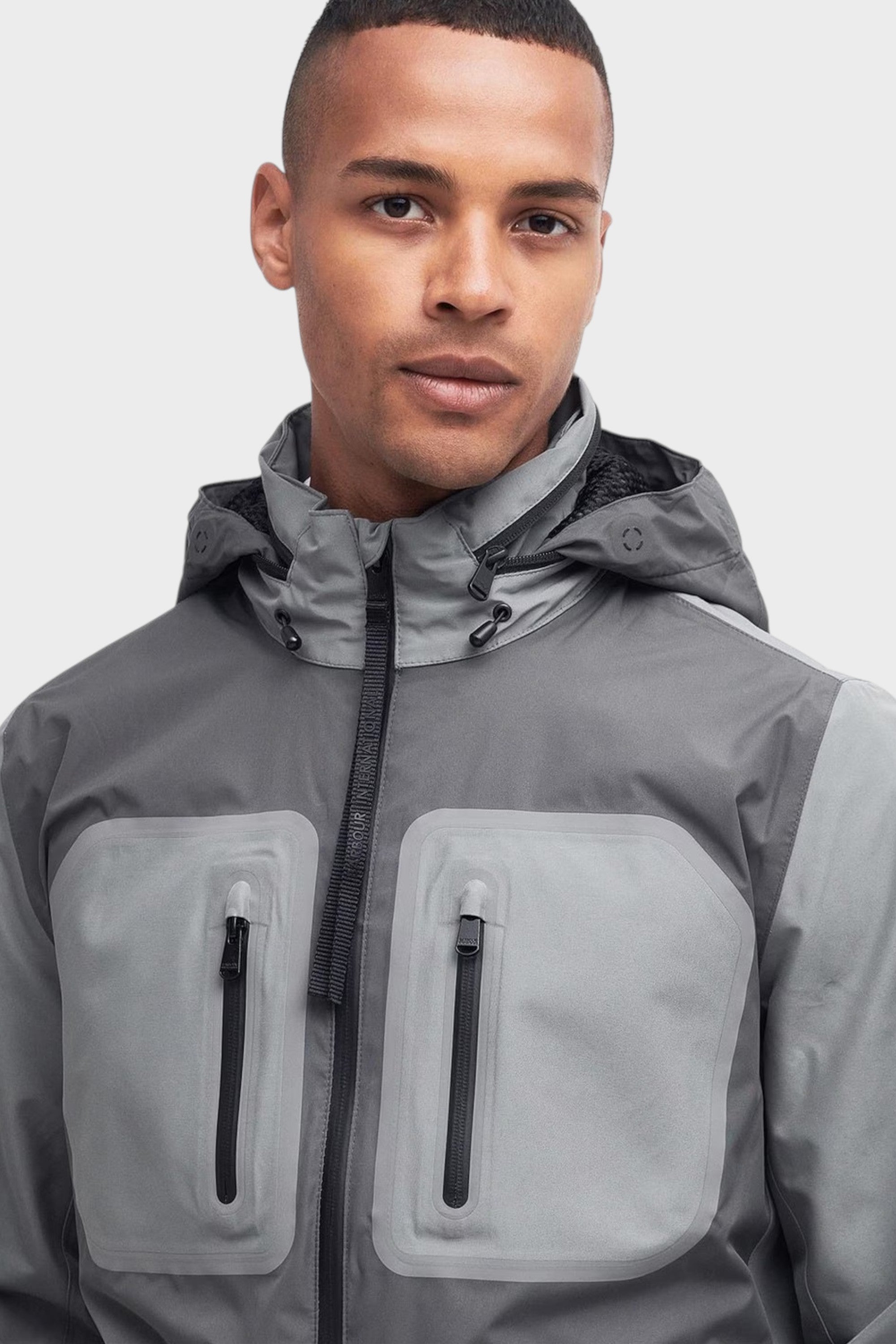 Barbour International Men's Chevin Waterproof Concealed Hood Rain Anorak Grey