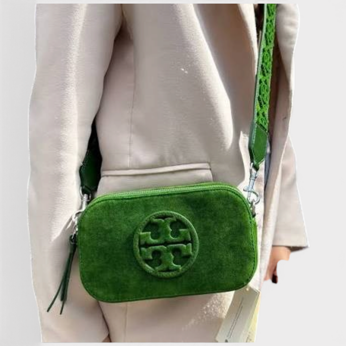 Supplied Fashion emerald green flocked leather Miller mini crossbody bag with gold-tone double-T logo hardware