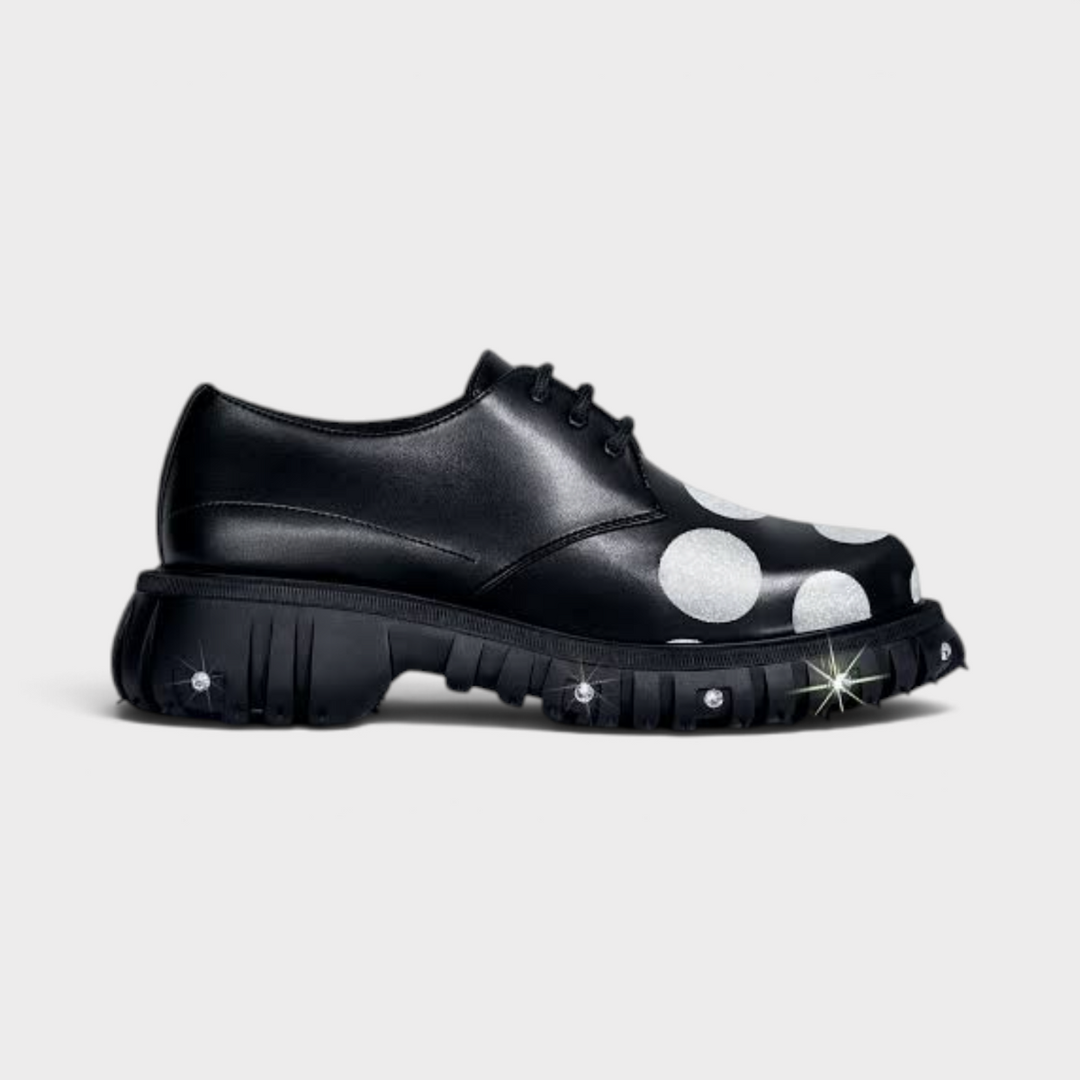 Supplied Fashion Swarovski x Phileo 005 black leather derby shoe with silver polka dots and crystal-studded lug sole.