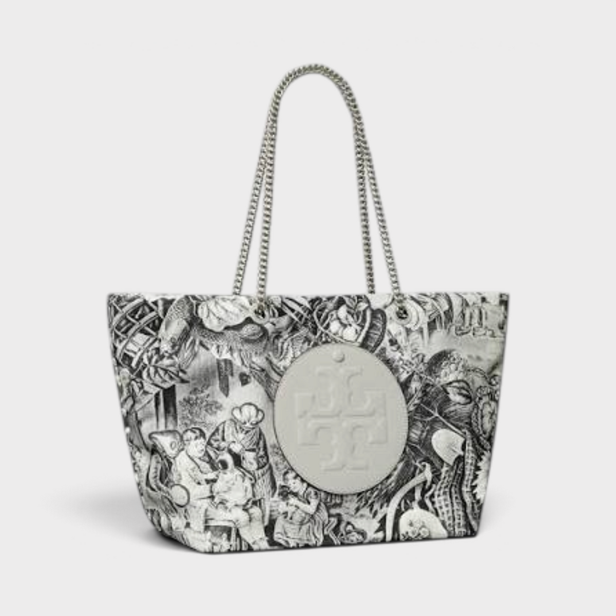 Supplied Fashion Ella grey tote bag featuring an alien print, silver chain straps, and a circular logo patch.