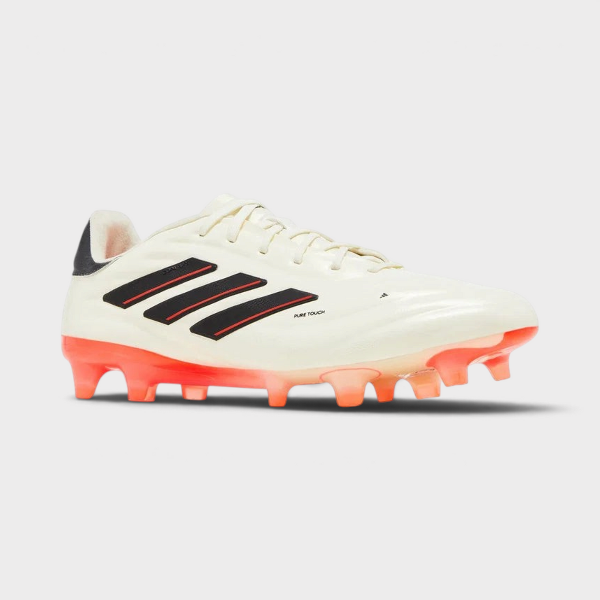 Supplied Fashion adidas Copa Pure 2 Elite FG football boots in ivory white with black stripes and orange soleplate.