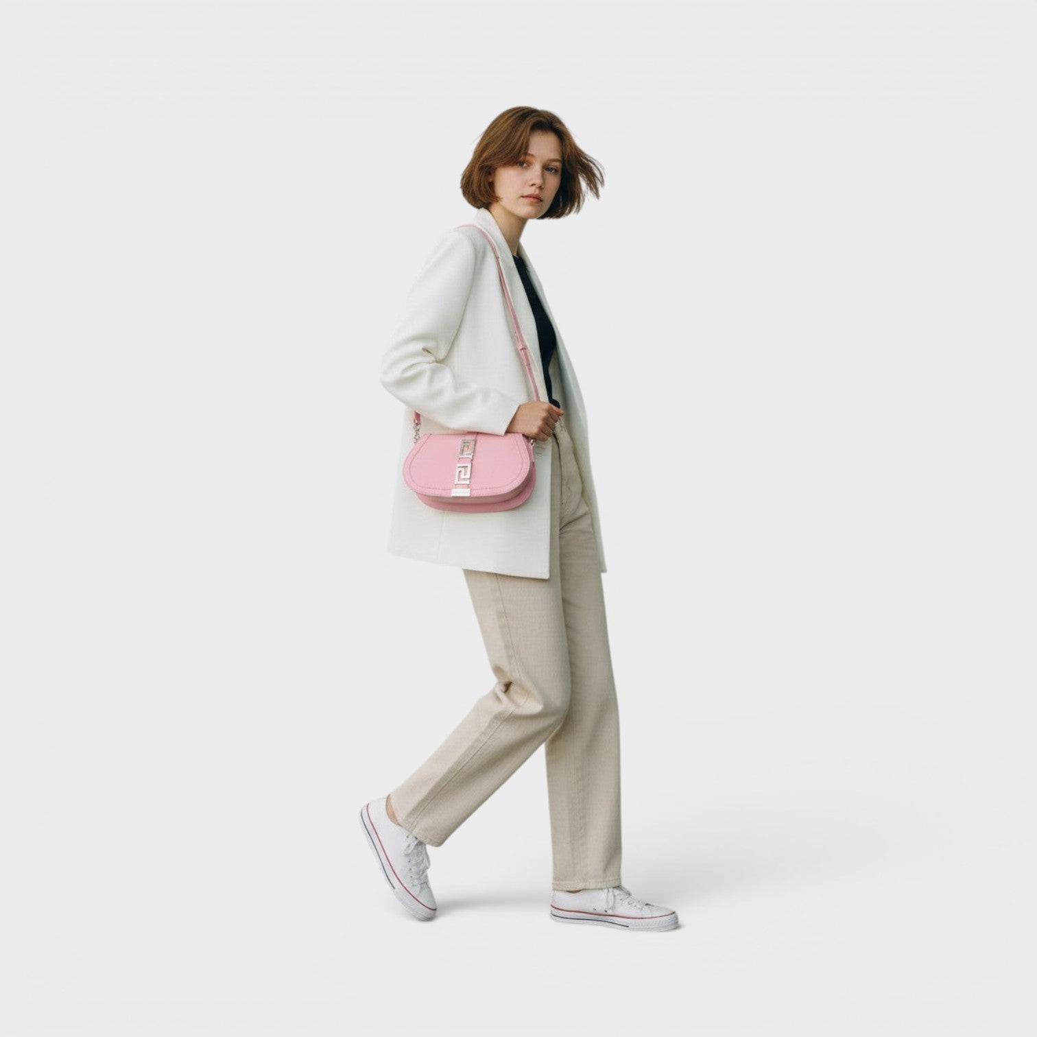 Logo Medium Shoulder Bag Leather Pink Silver Tone
