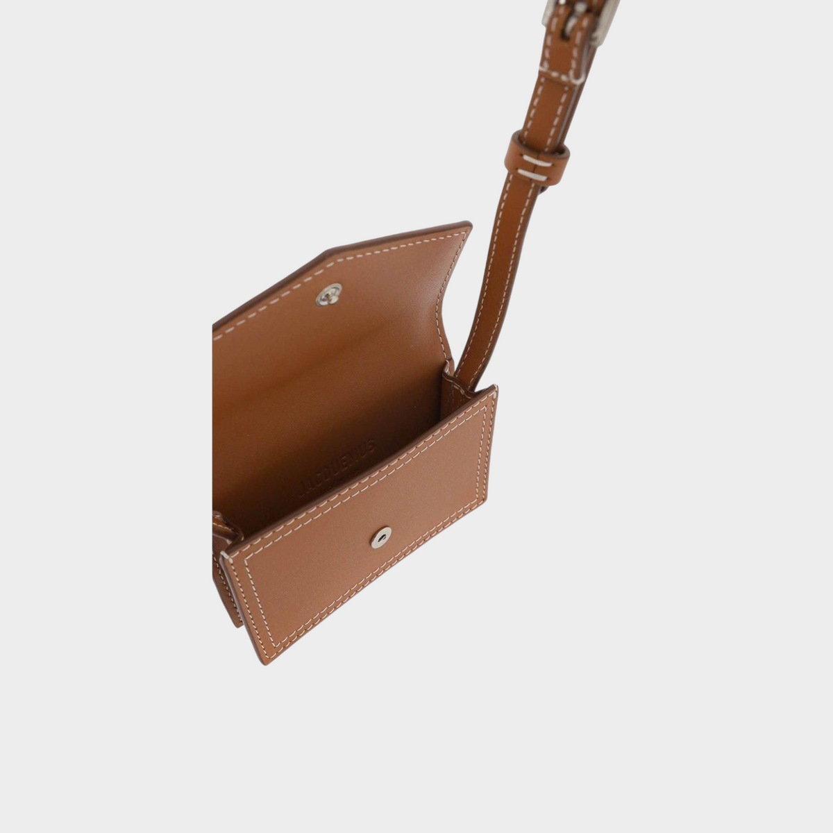 Supplied Fashion Jacquemus Le Porte Azur brown leather card holder with open flap and adjustable shoulder strap