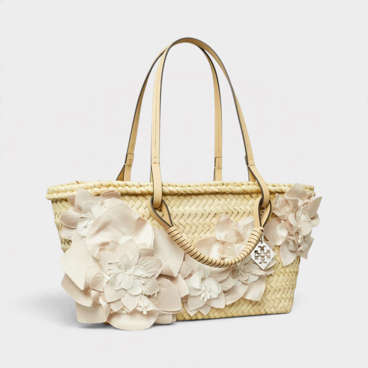 Supplied Fashion natural beige woven straw tote bag with delicate fabric floral embellishments and leather handles