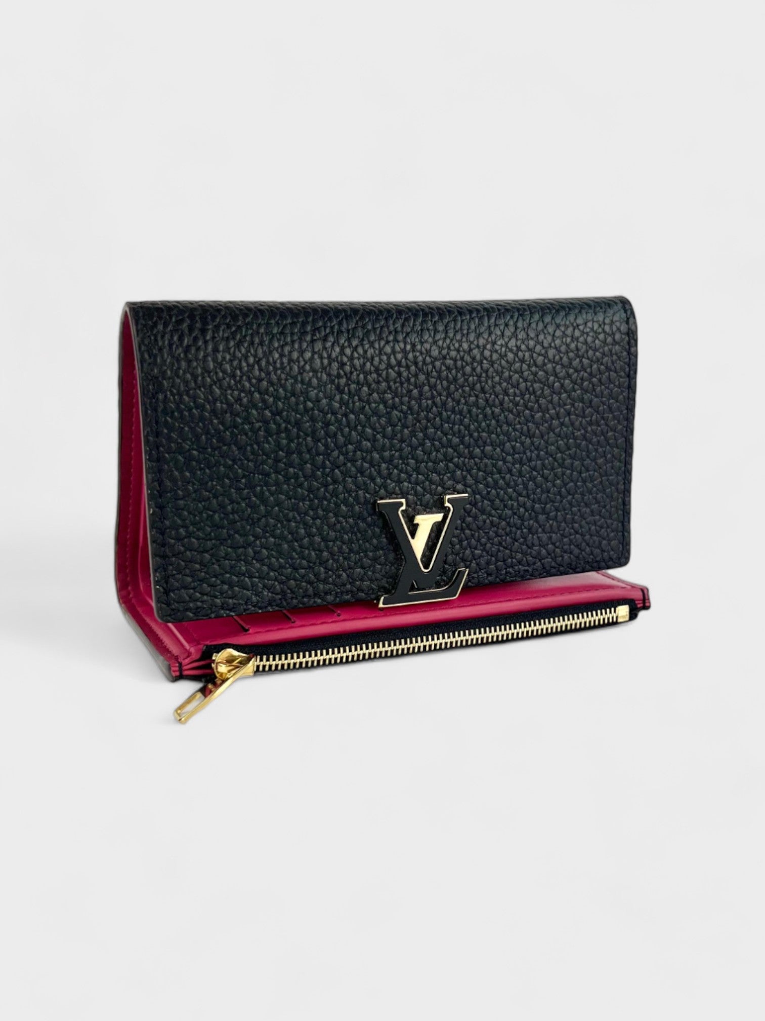 Louis Vuitton Portefeuille Capucines Noir/Hot Pink M62157 Women's Taurillon Leather Trifold Wallet - Supplied Fashion