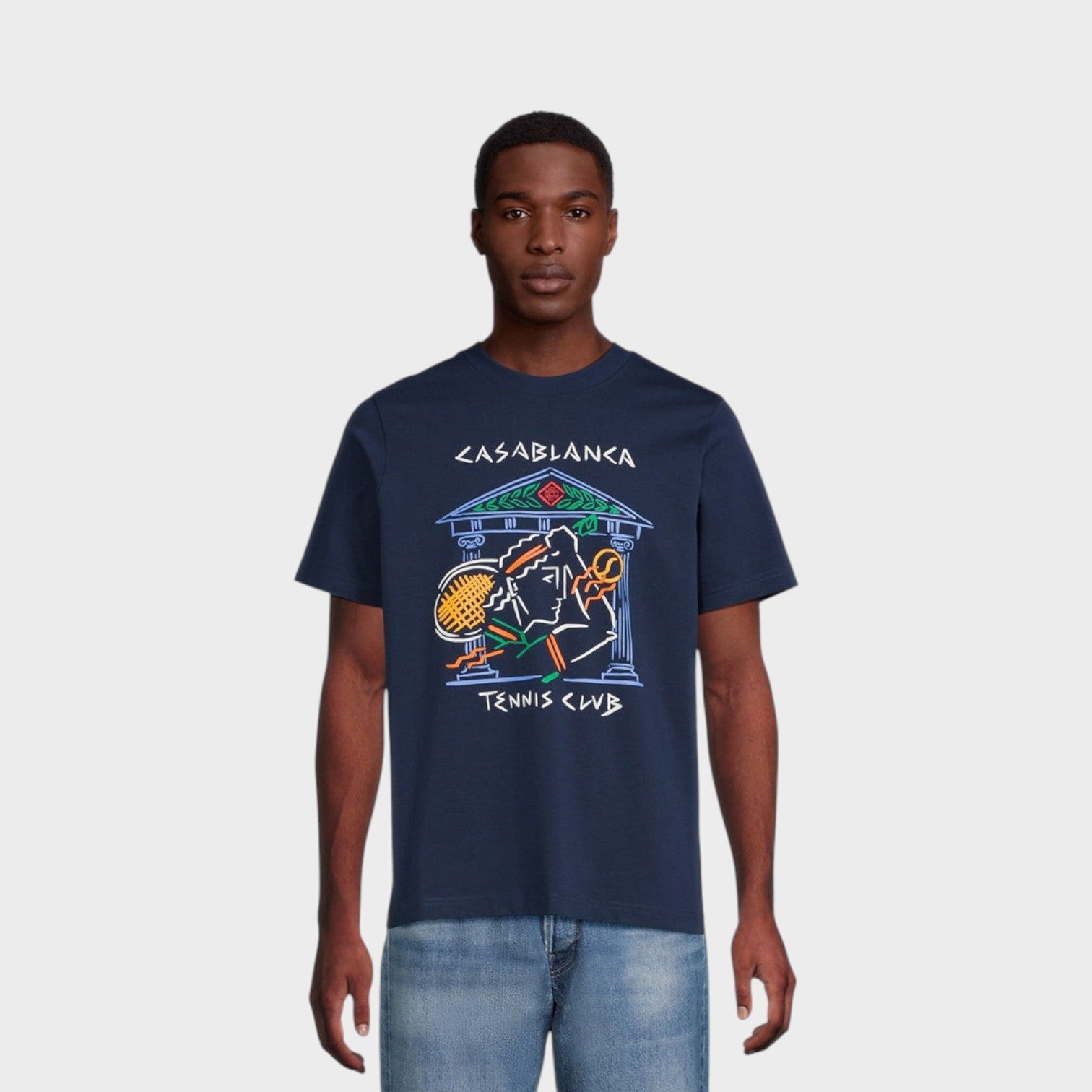 Crayon Temple Tennis Club Screen Printed T-Shirt Navy