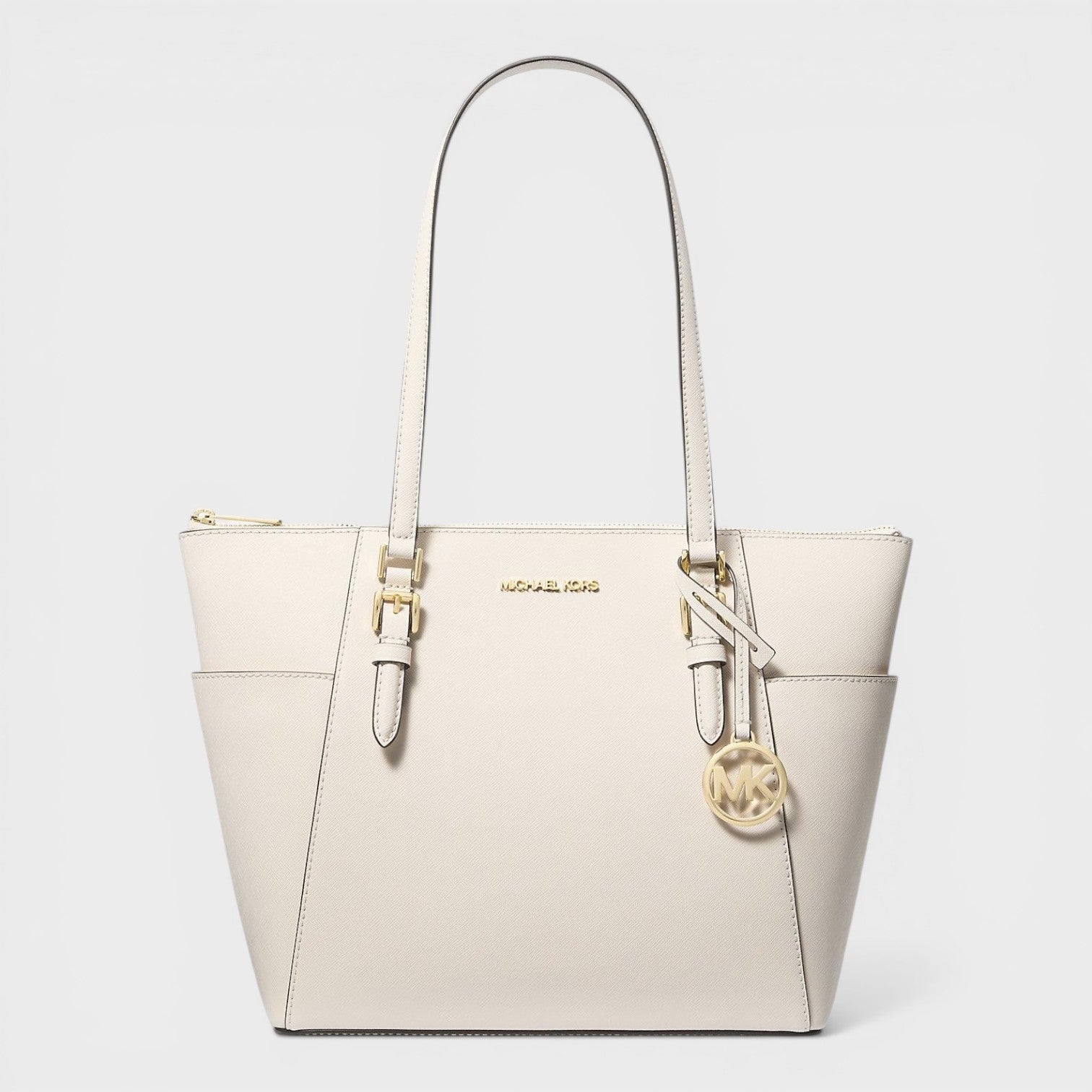 Saffiano Leather Zip Tote Bag Optic White