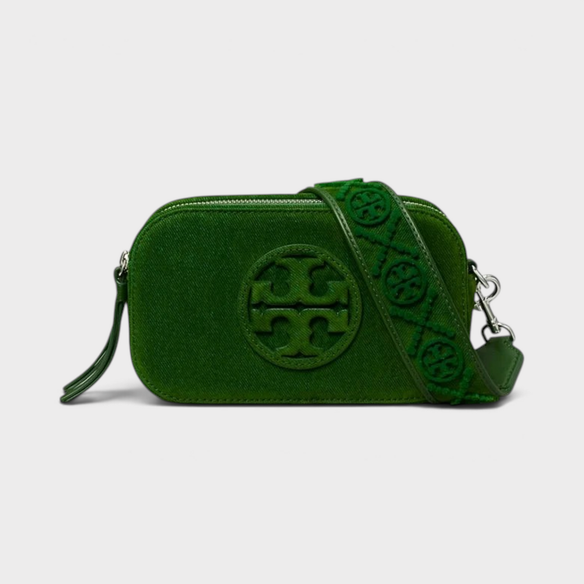 Supplied Fashion Tory Burch emerald green flocked mini crossbody bag with signature double-T logo and patterned strap