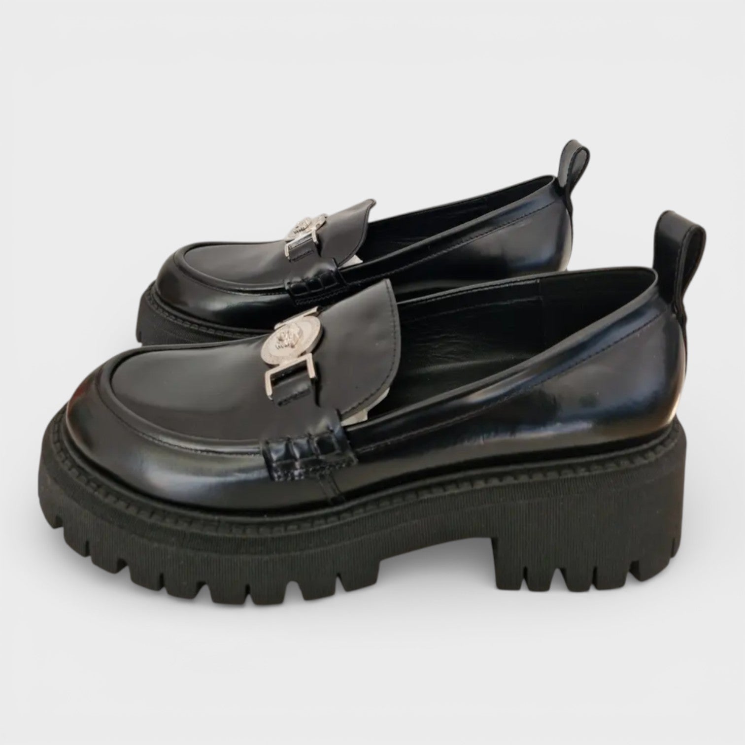 Loafer Leather Shoes Black Silver