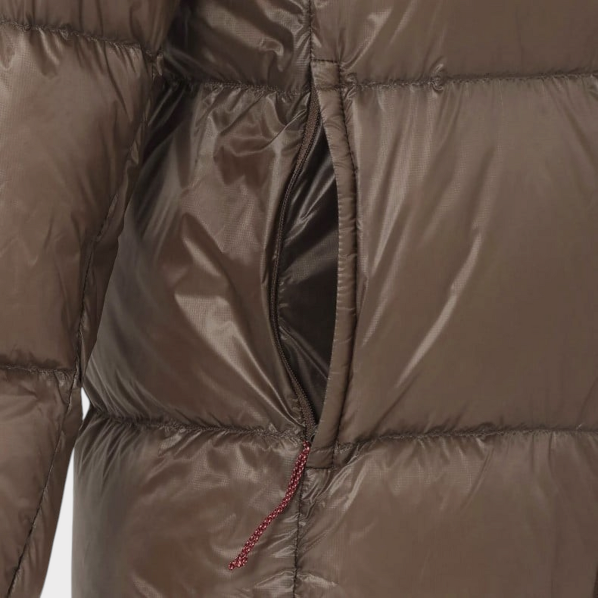 Supplied Fashion mocha brown down hoodie jacket featuring a zippered side pocket with a textured pull cord