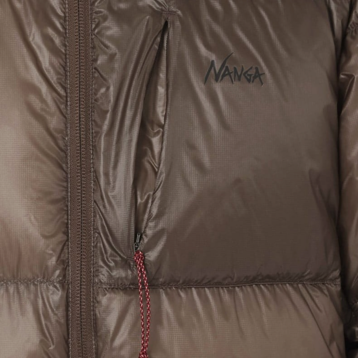Supplied Fashion mocha down hoodie jacket featuring a lightweight nylon shell and durable zipper detail.