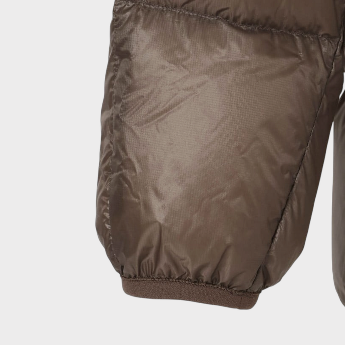 Supplied Fashion Mountain Lodge down hoodie sleeve in mocha brown with elasticated cuff and lightweight nylon fabric