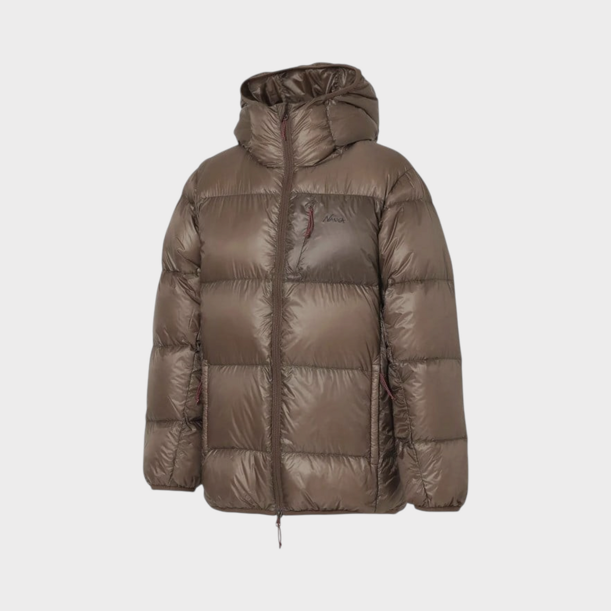 Supplied Fashion mocha brown lightweight down hoodie jacket with a hooded design and zip-up front for alpine layering.