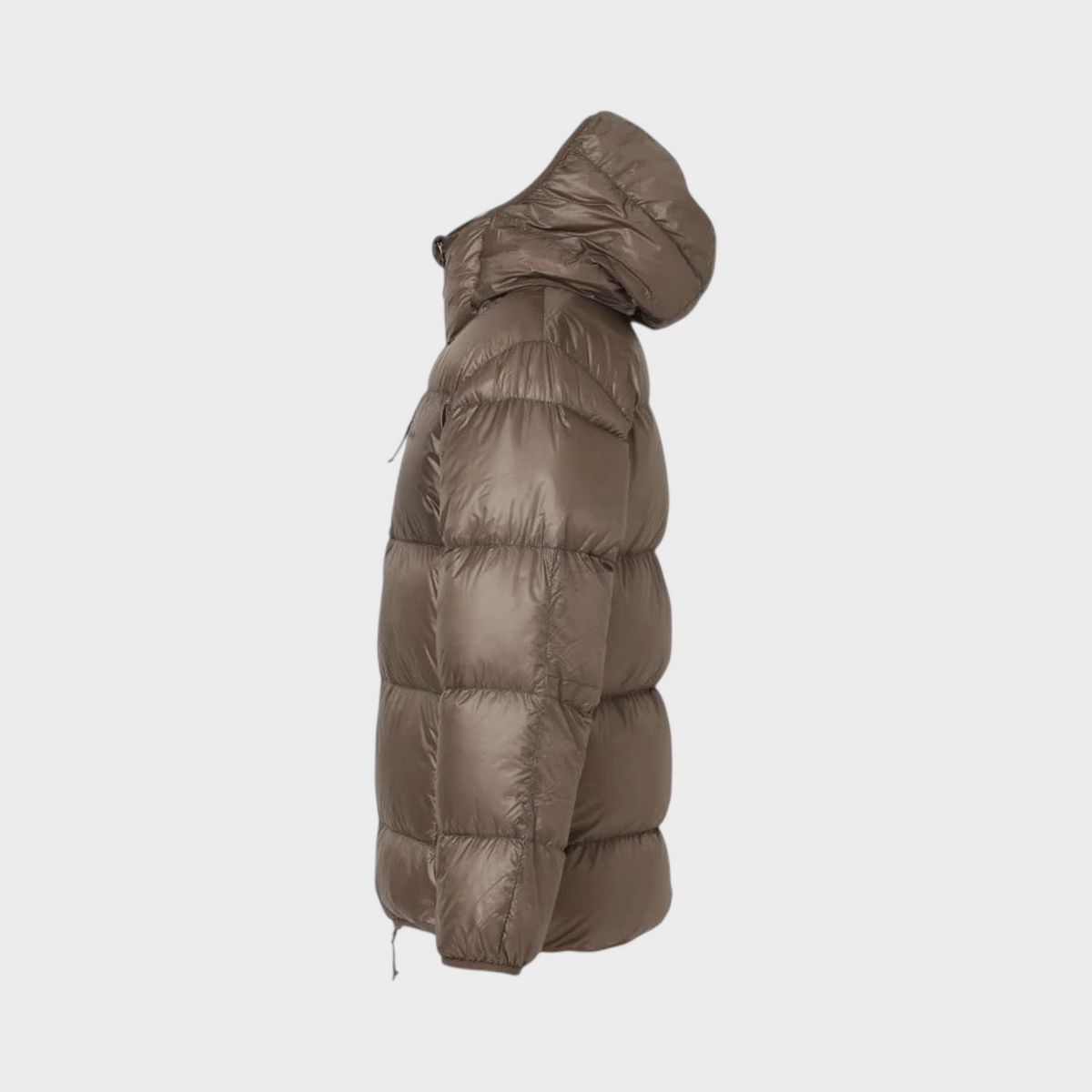 Supplied Fashion mocha brown lightweight down hooded jacket with quilted nylon fabric, side profile view.