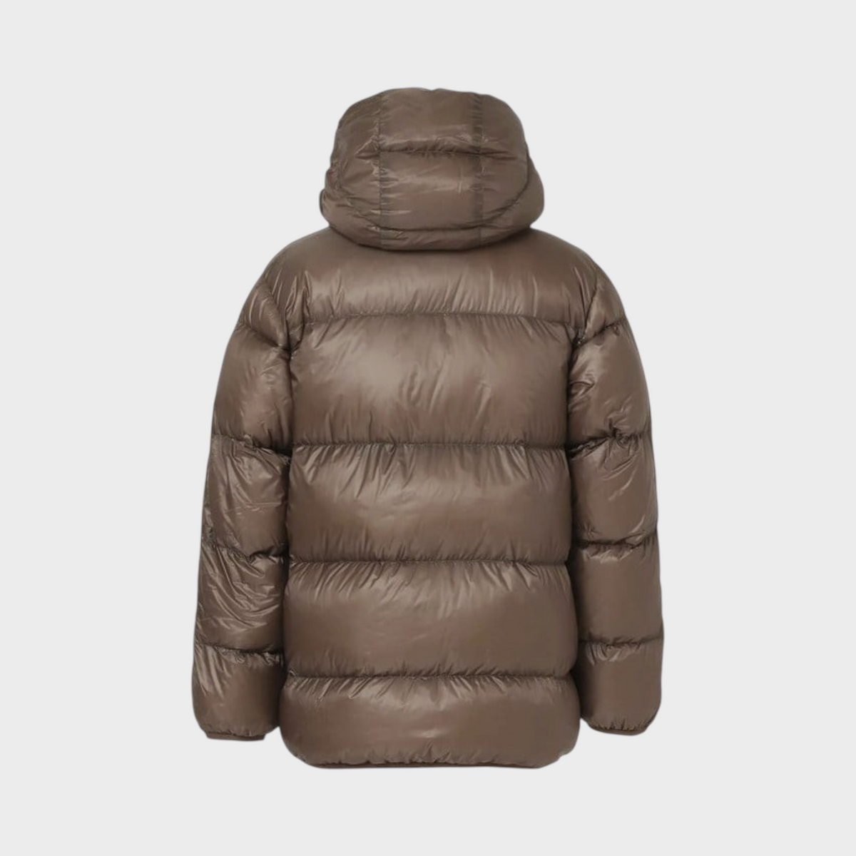 Back view of Supplied Fashion mocha brown lightweight down hooded jacket with quilted nylon construction.