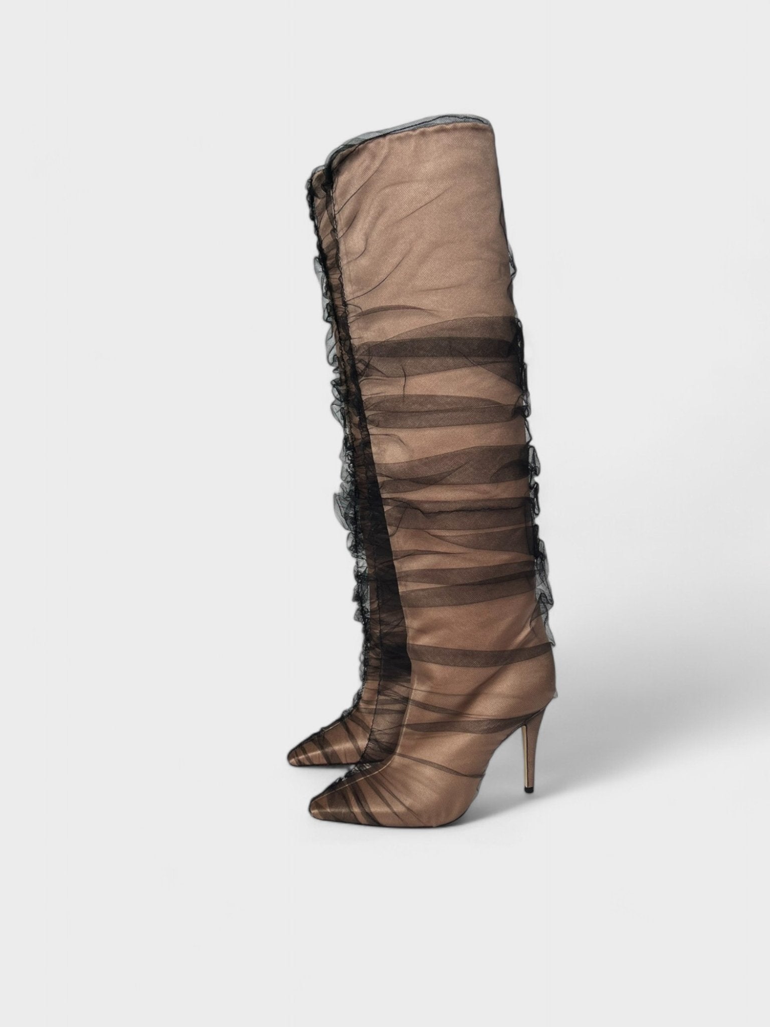 Off - White C/O Jimmy Choo Black Elisabeth 100 Tulle Wrapped Satin Boots - Supplied FashionOff White