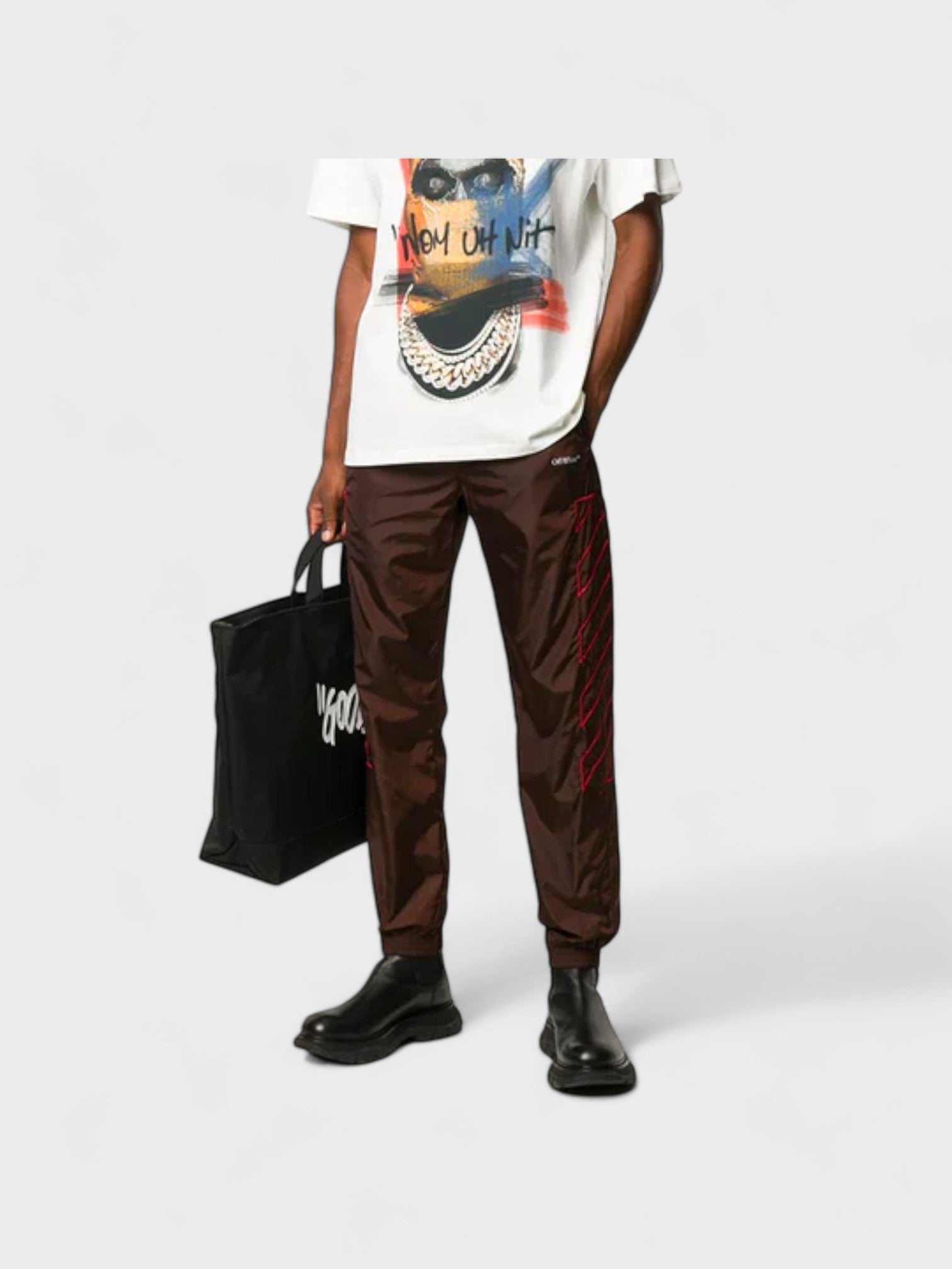 Off White Nylon Diagonals Embroidery Track Pant Brown Red - Supplied LuxuryOff-White