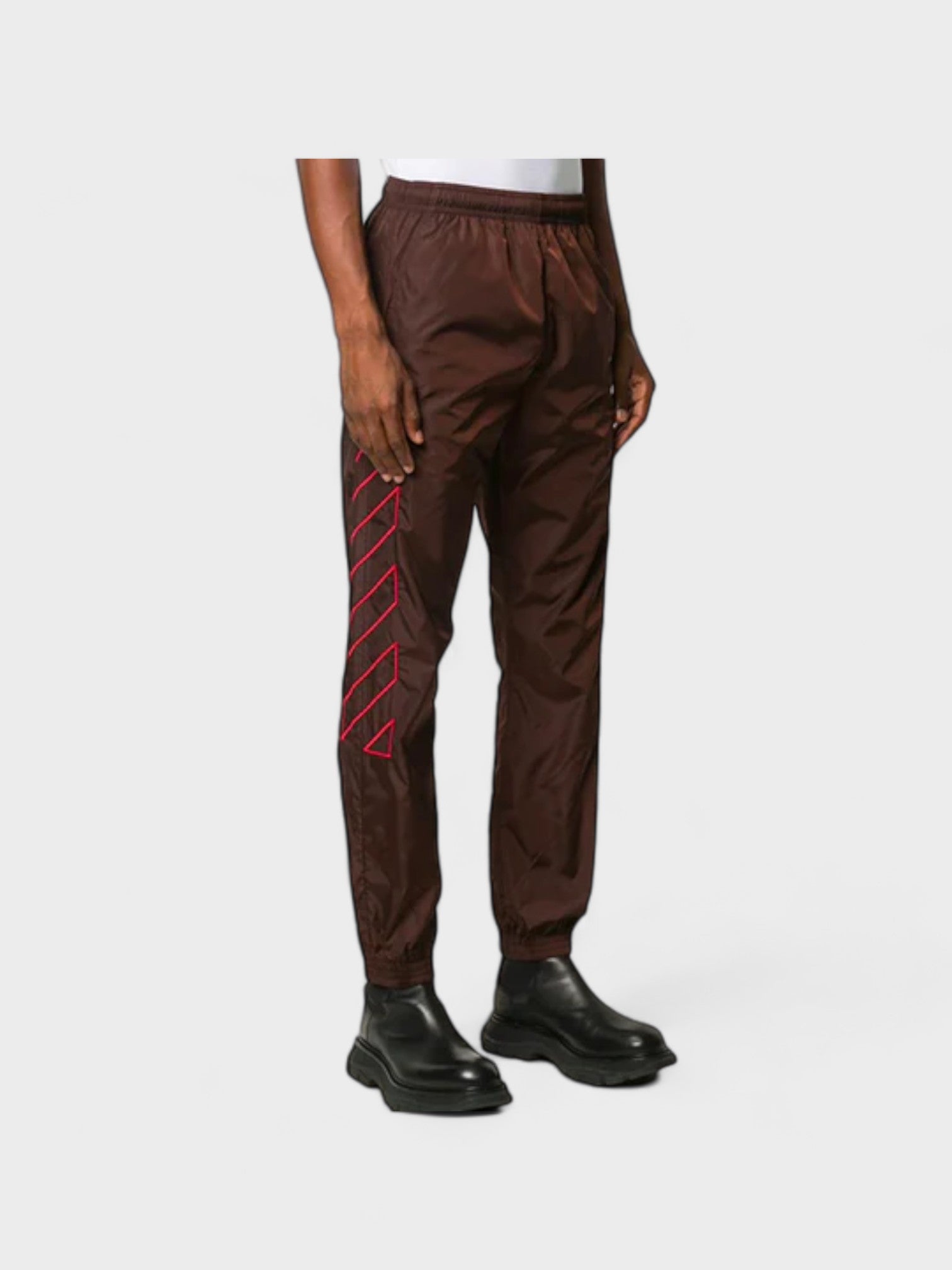 Off White Nylon Diagonals Embroidery Track Pant Brown Red - Supplied LuxuryOff-White