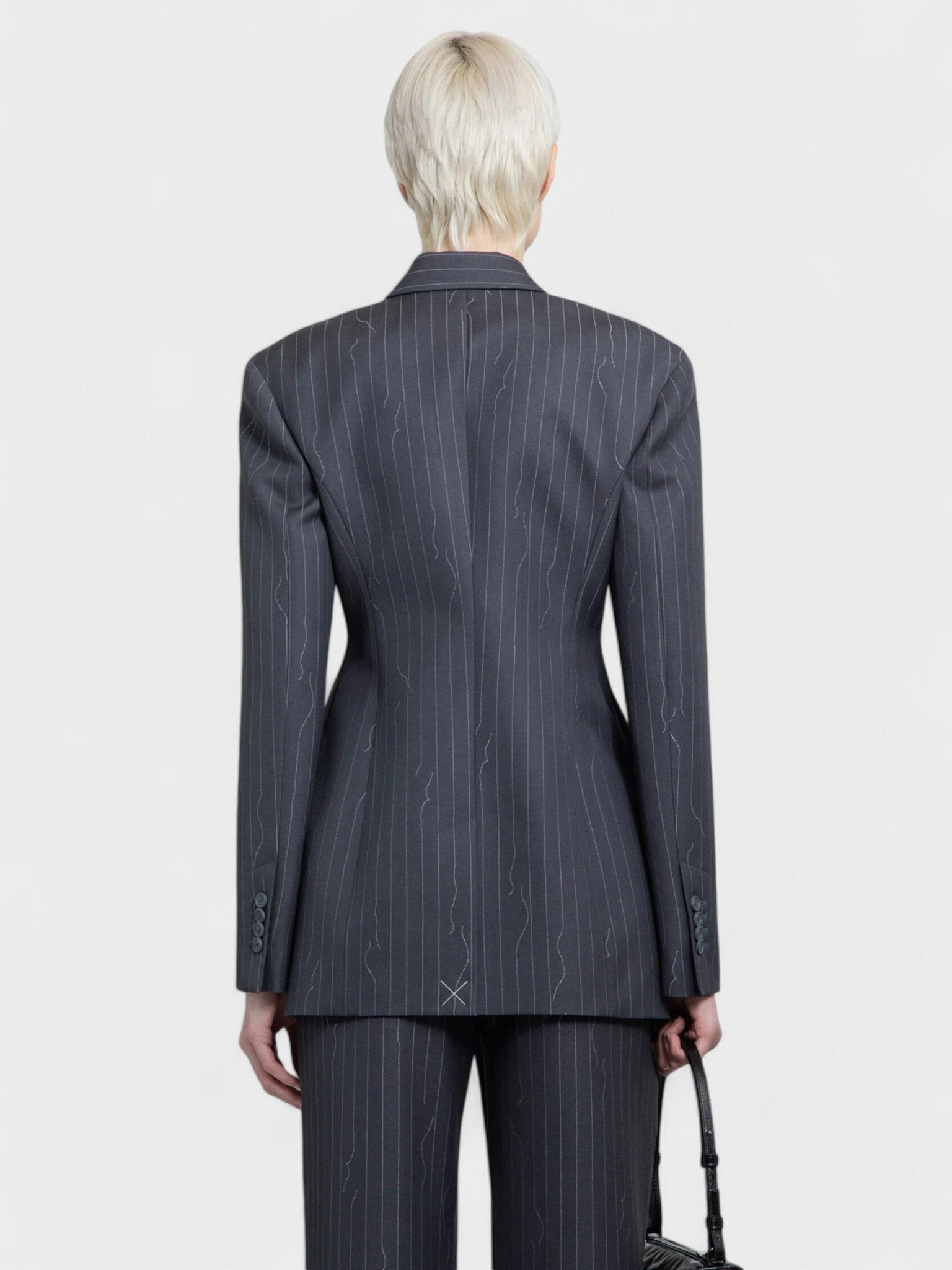 Off - White Pinstripe Fitted 3 Button Blazer Jacket Dark Drey - Supplied FashionOff White