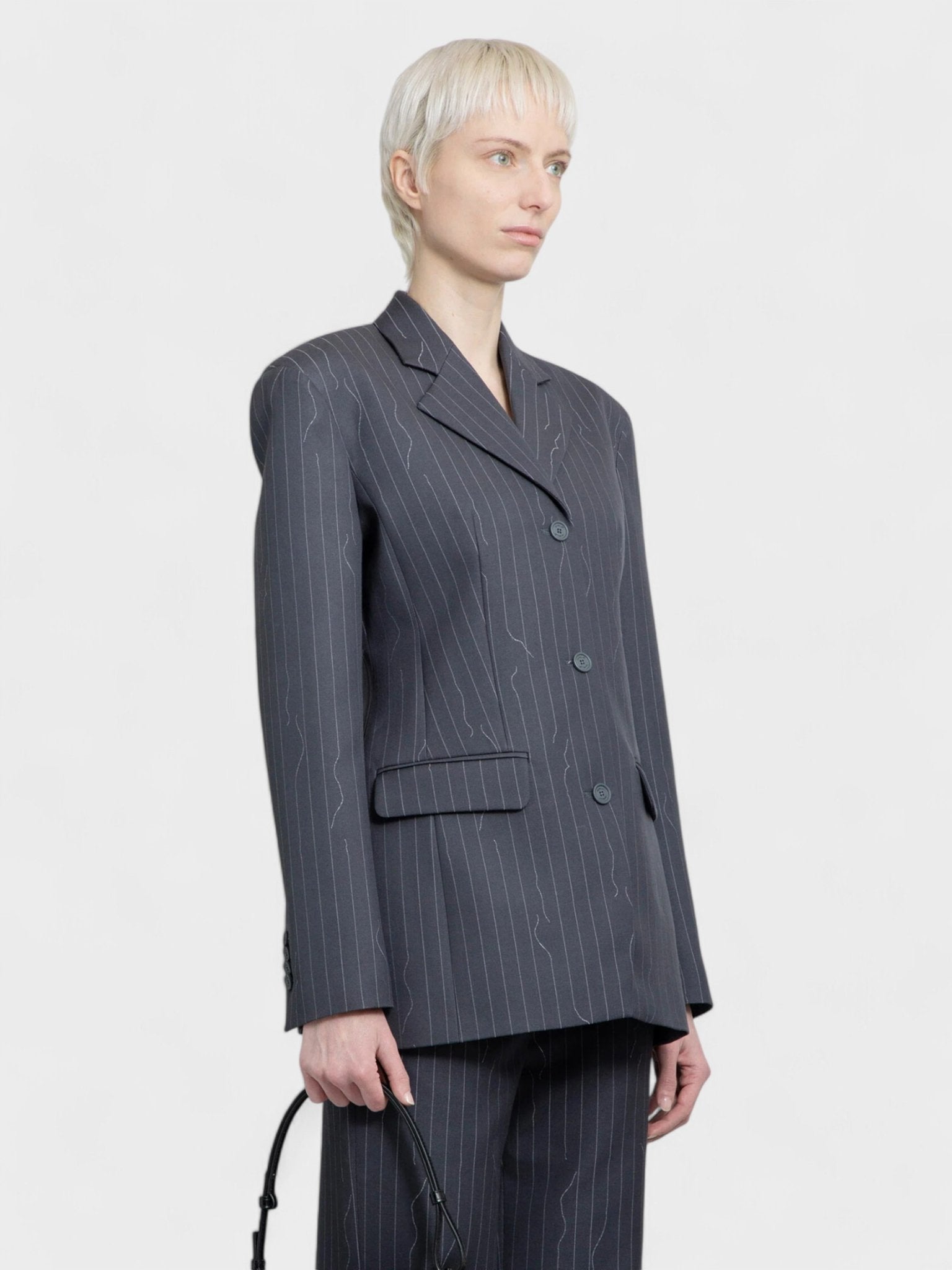 Off - White Pinstripe Fitted 3 Button Blazer Jacket Dark Drey - Supplied FashionOff White