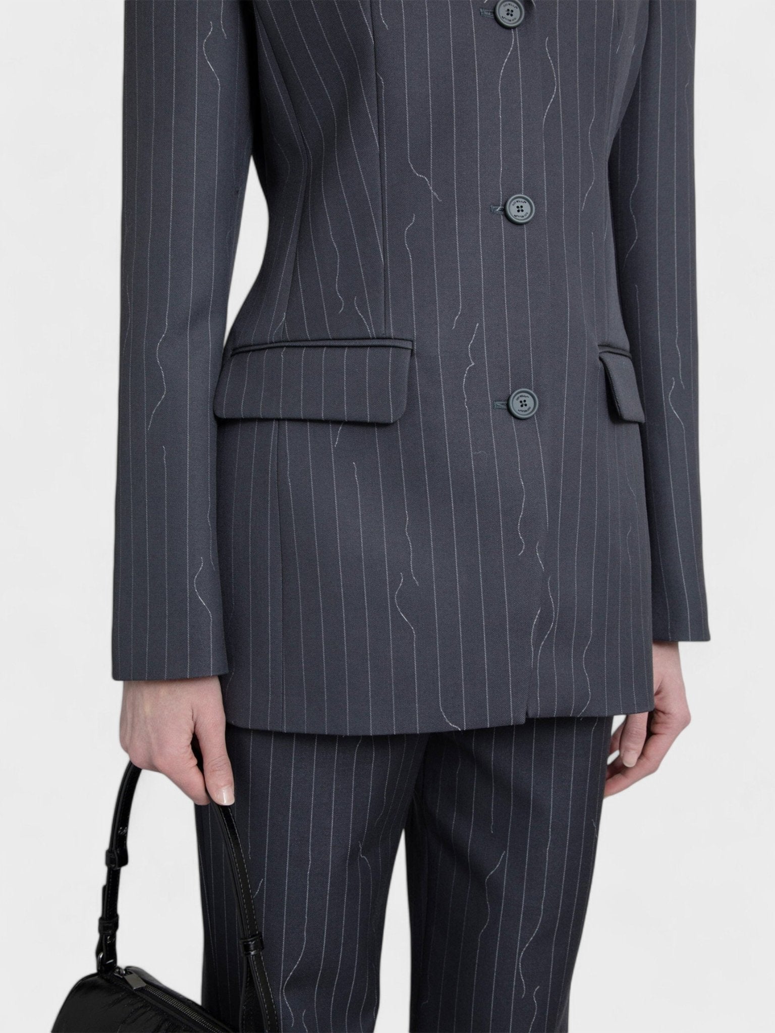 Off - White Pinstripe Fitted 3 Button Blazer Jacket Dark Drey - Supplied FashionOff White