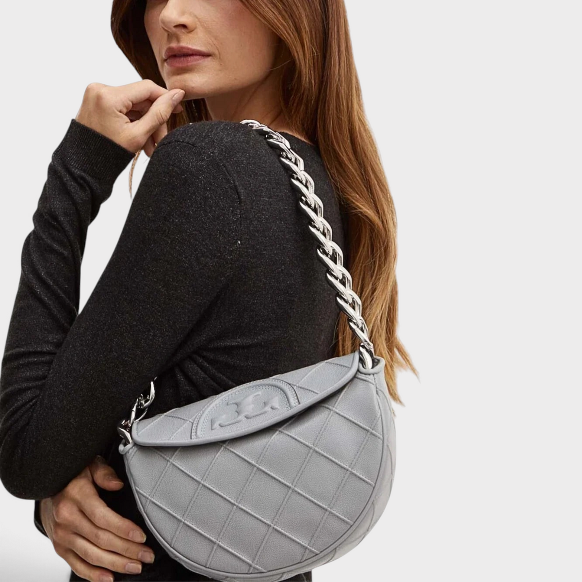 Supplied Fashion Tory Burch Fleming mini crescent bag in slate grey soft leather with quilted pattern and chain strap