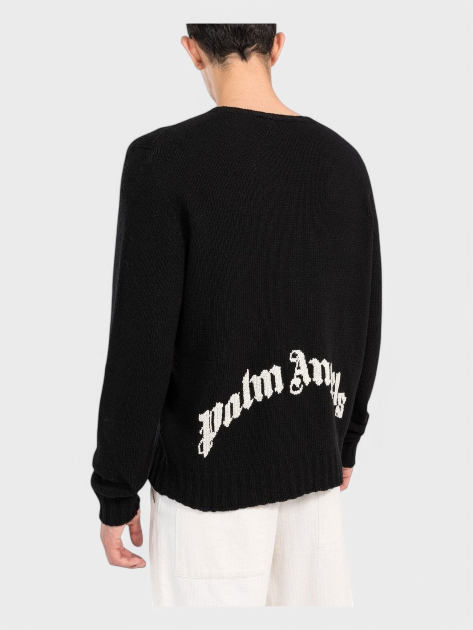 Palm Angels Curved Logo Knitted Crewneck Black/White - Supplied FashionPALM ANGELS