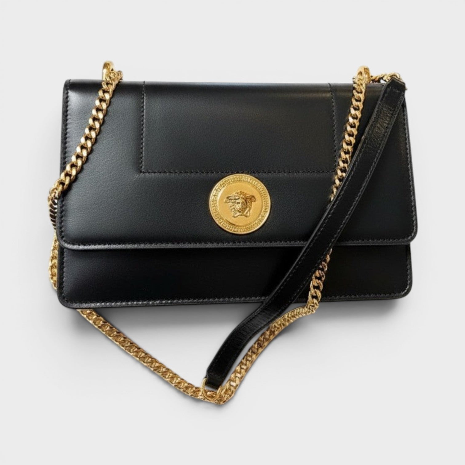 Logo Medusa Shoulder Bag Leather Black Gold Tone