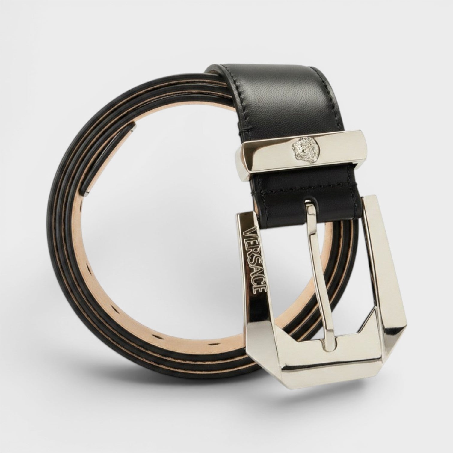 Leather Medusa Buckle Black Silver