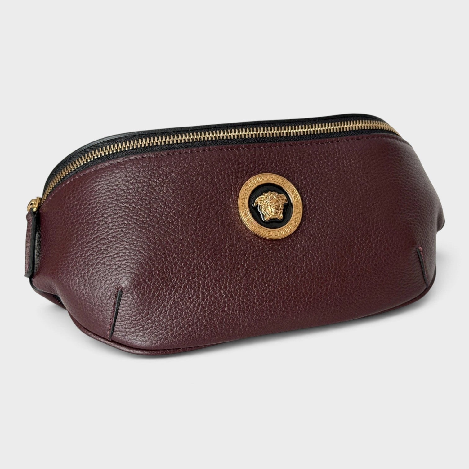 Medusa Head Grainy Calf Leather Belt Bag Burgundy Black
